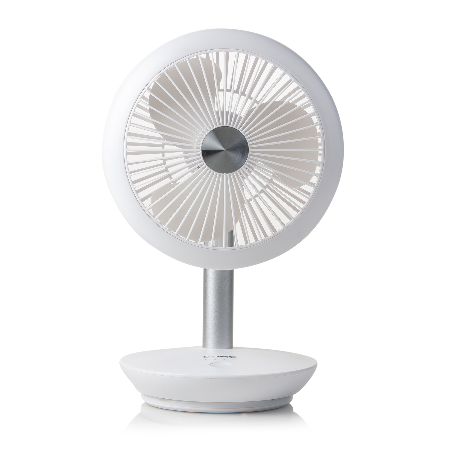 White portable fan, front view. It has a circular design, white blades, and a round base.