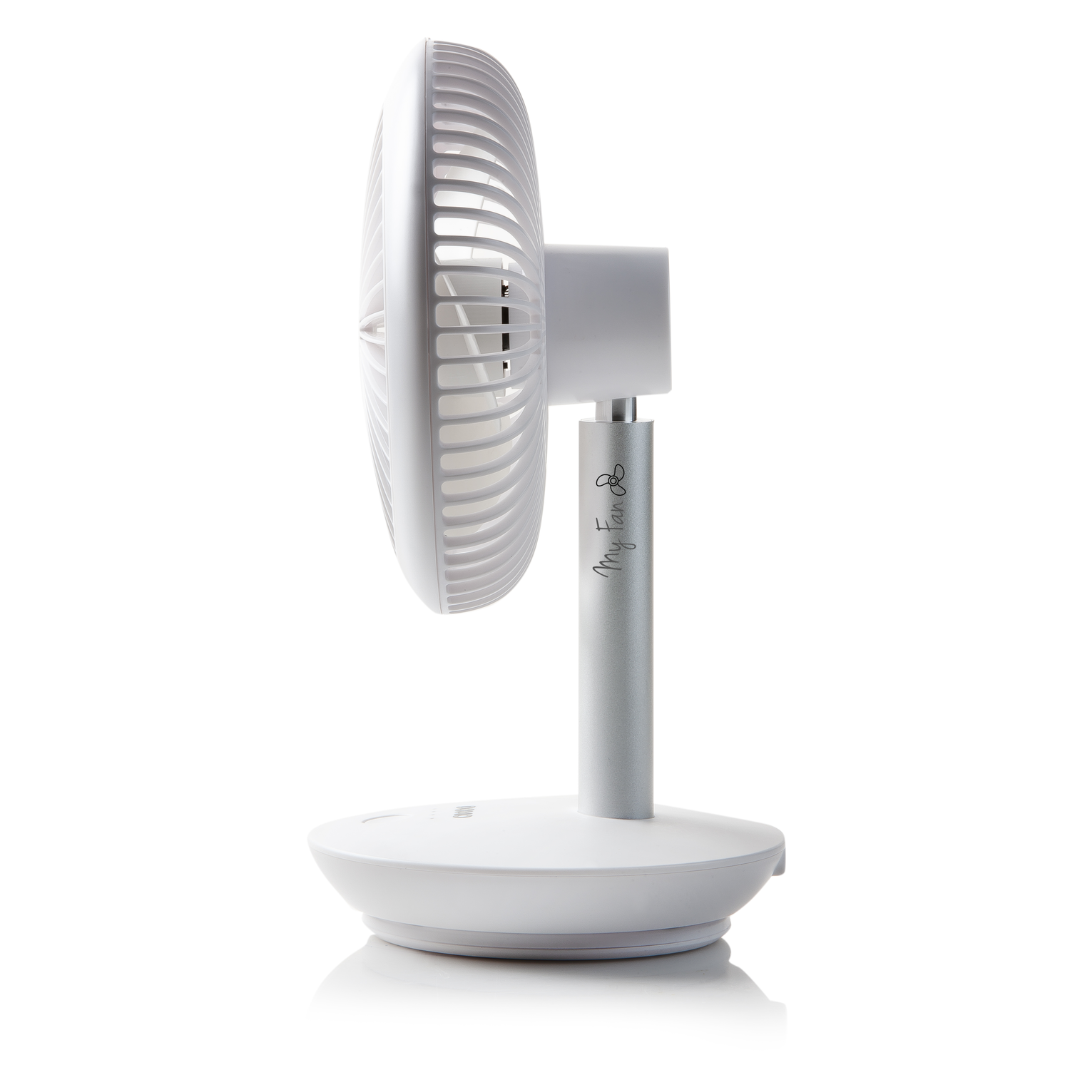 A white fan with a silver stand. It is on a white surface. The fan is turned to the side.
