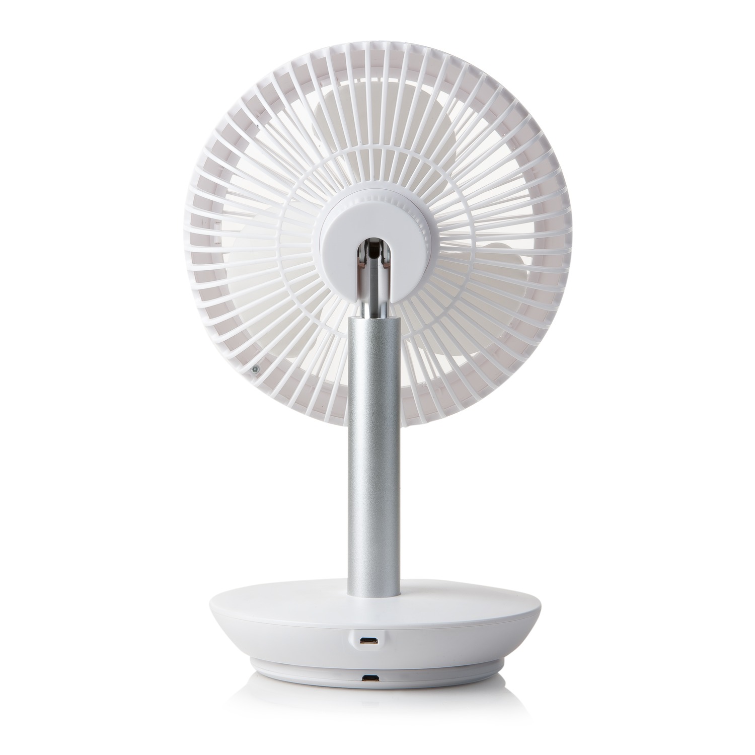White portable fan, rear view. Shows the back with blades and the stand.
