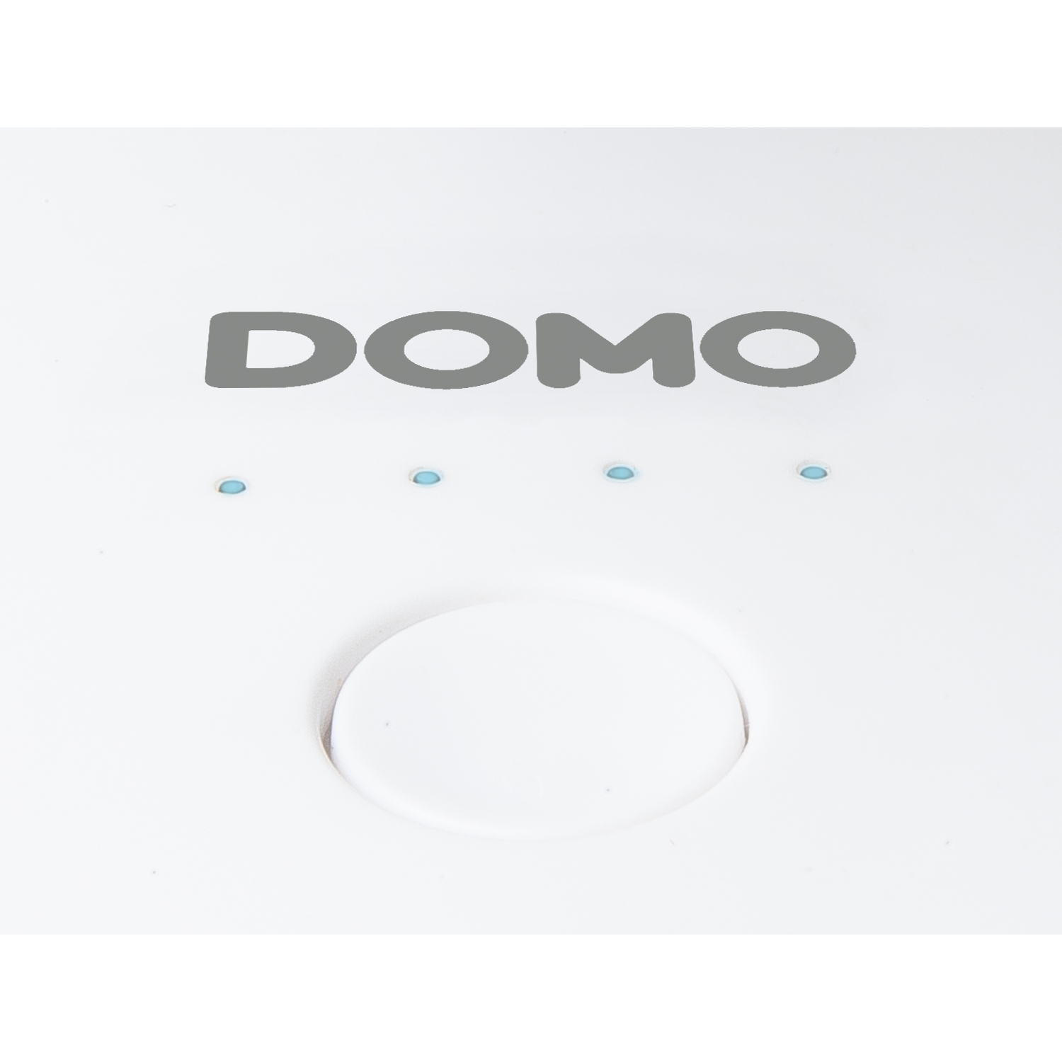 White appliance with the word DOMO and four blue indicator lights, plus a white button.