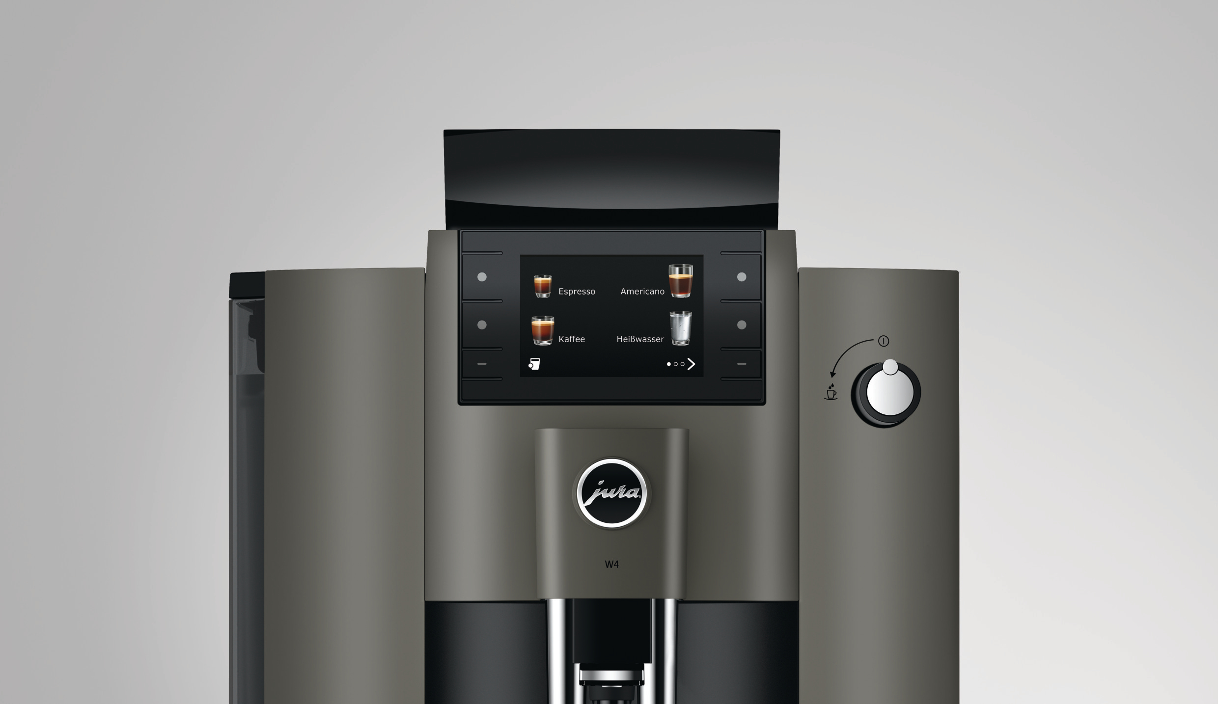 Eine Jura-Kaffeemaschine mit Touchscreen, der Kaffeeoptionen anzeigt.