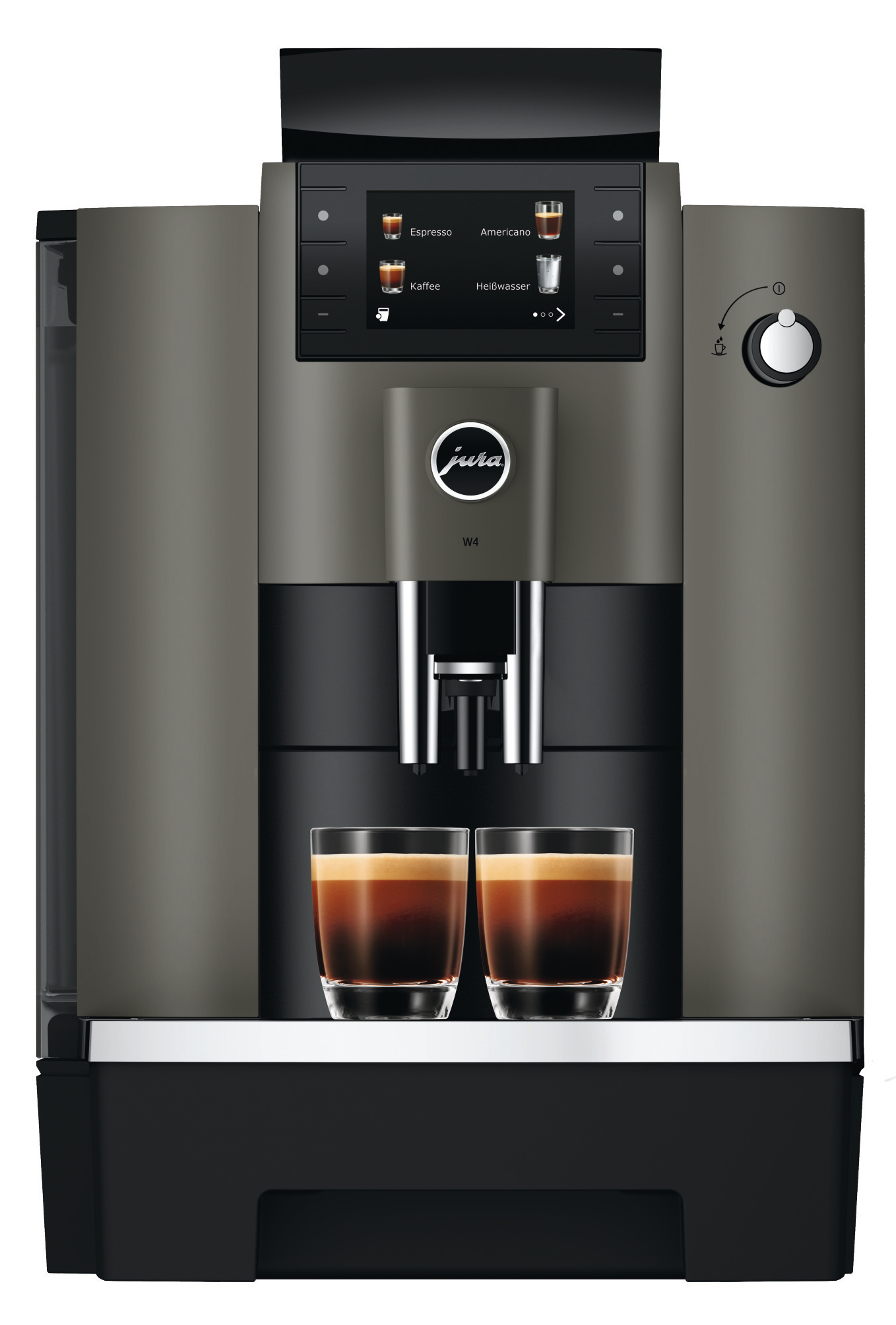 Dunkelgraue Jura W4 Espressomaschine mit zwei Kaffeetassen davor.