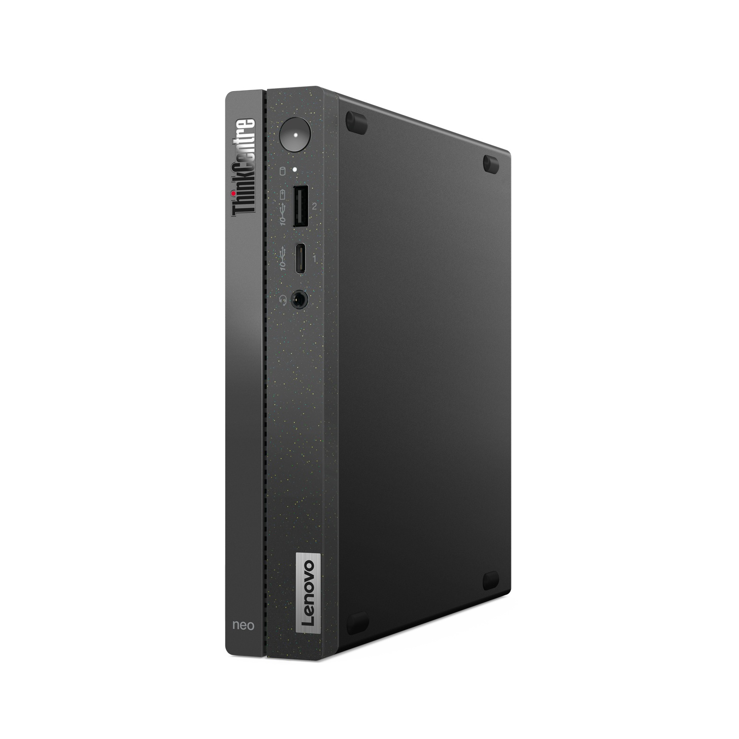 Zwarte Lenovo neo desktopcomputer. Zwarte achtergrond.