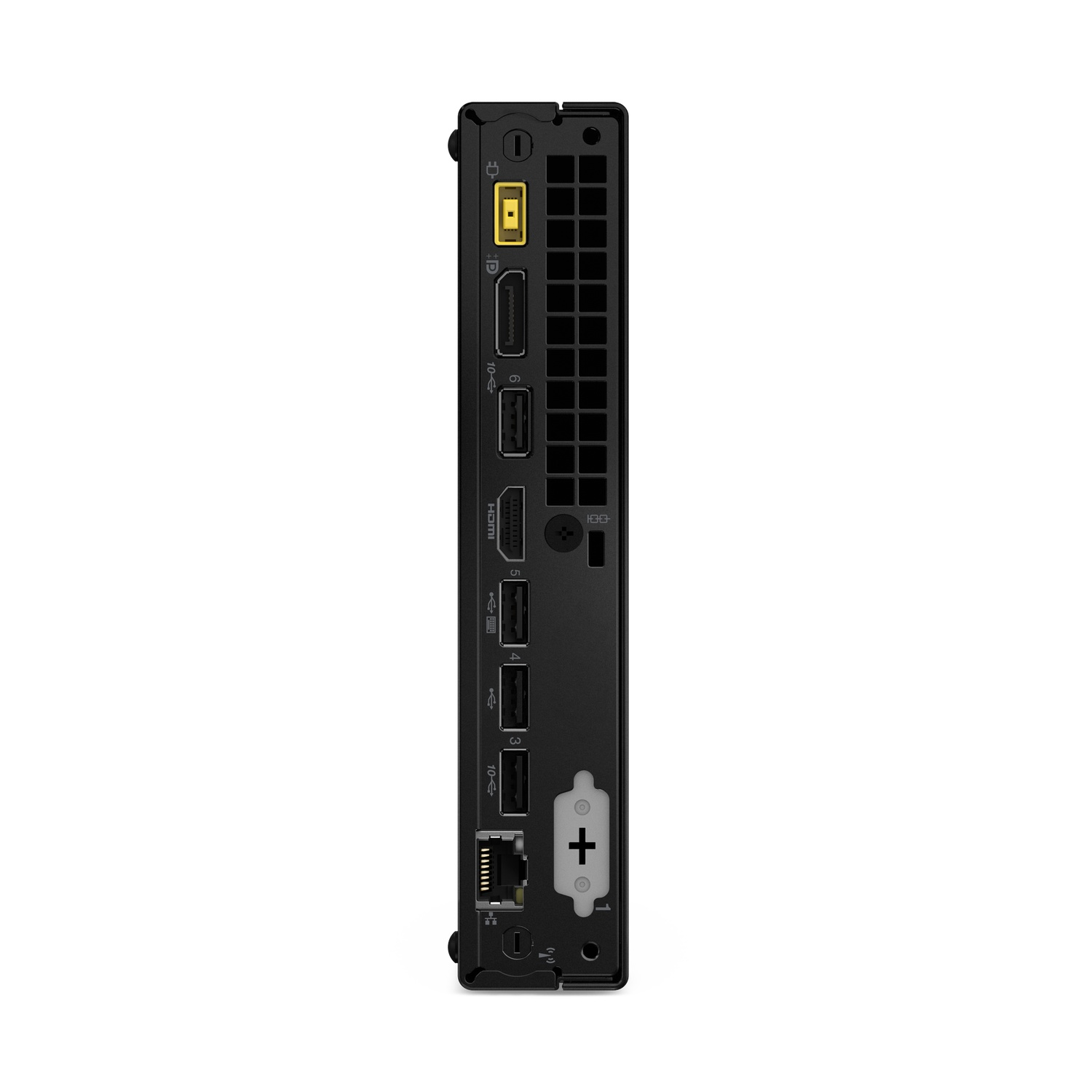 Zwarte computer met poorten aan de achterkant: USB, HDMI, LAN en stroom.