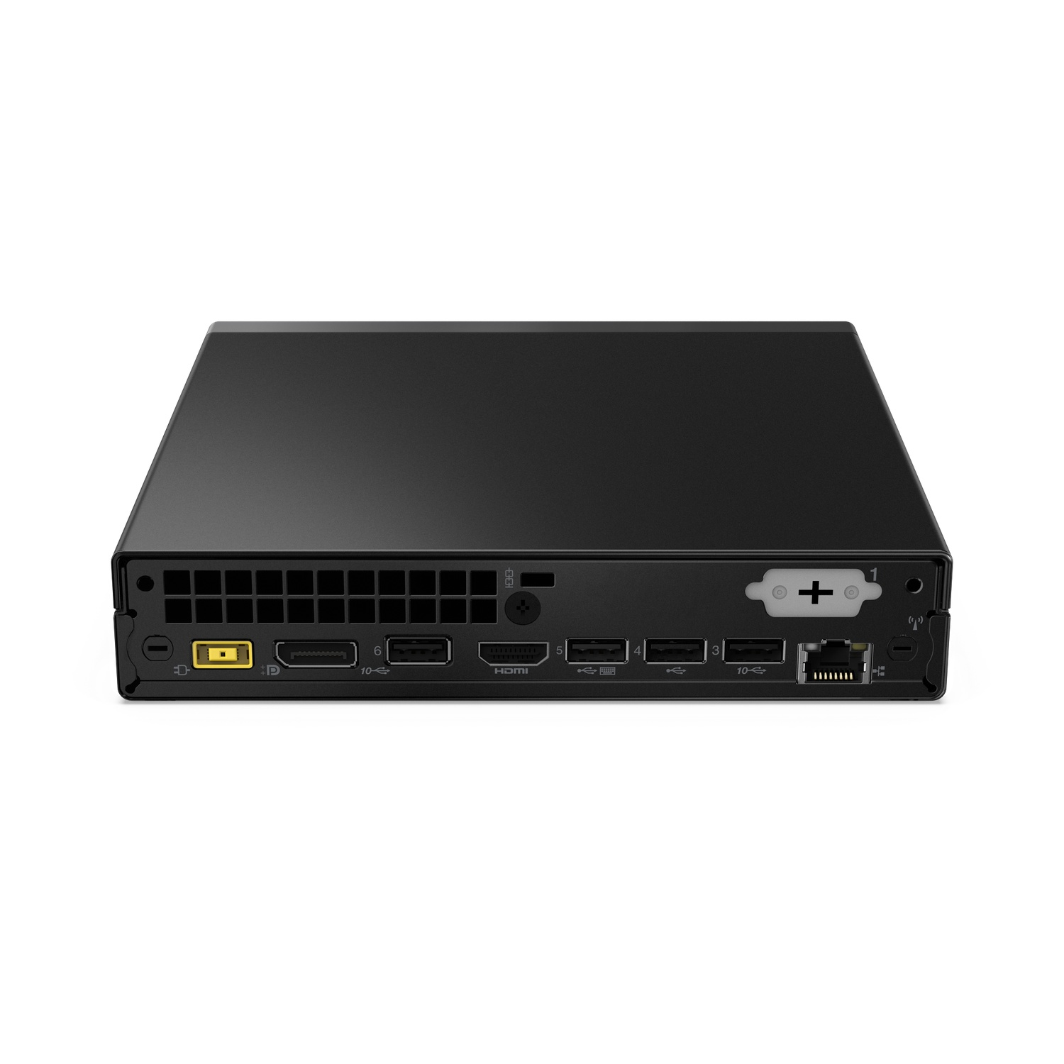 Een zwarte Lenovo-computer met poorten zichtbaar aan de achterkant, geïsoleerd.