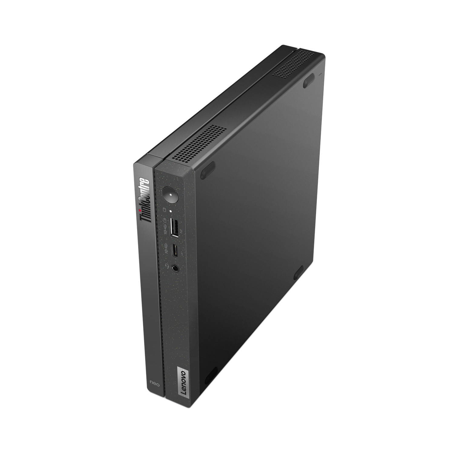 Zwarte Lenovo ThinkCentre neo. Zwart, compact ontwerp. Voorpoorten zichtbaar. Bovenaanzicht. Lenovo-logo aan de zijkant.