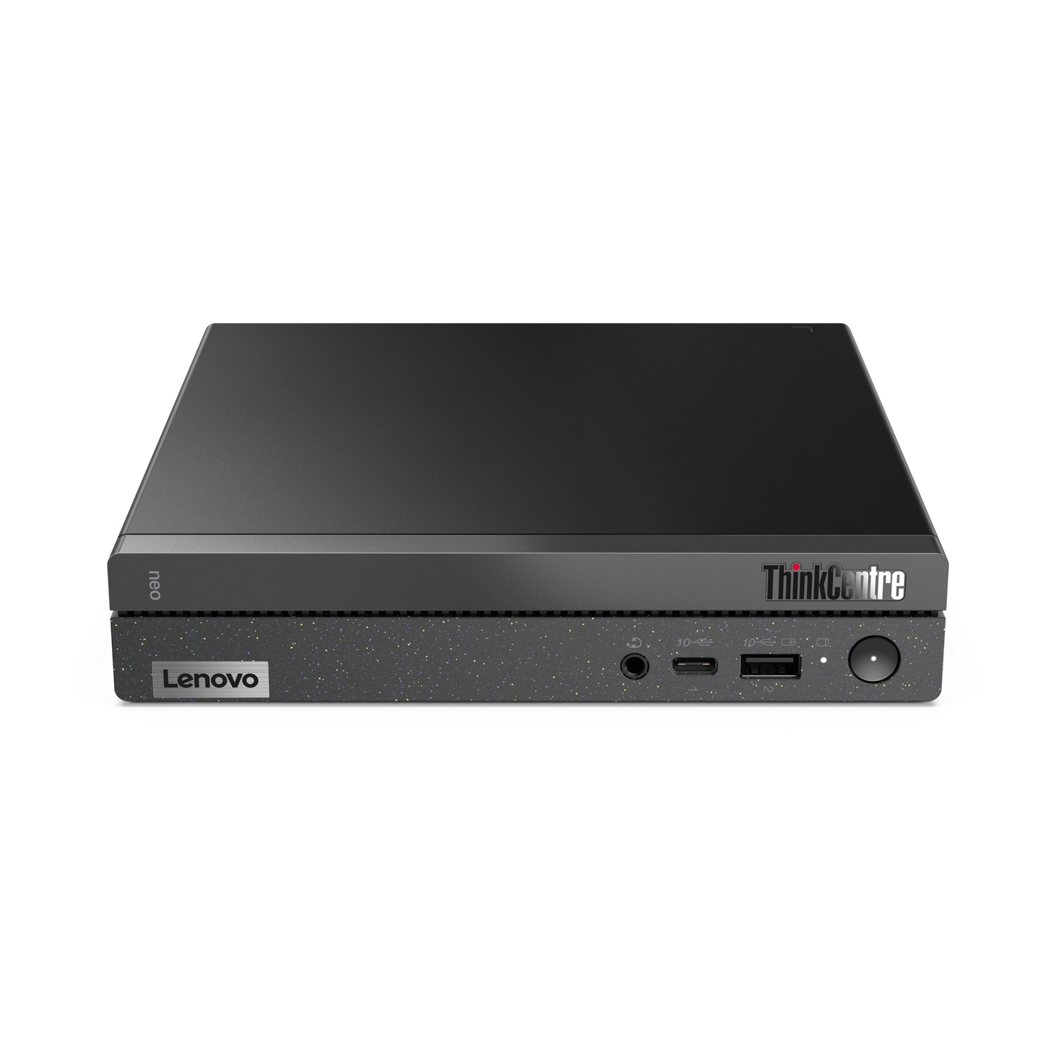 Zwarte Lenovo ThinkCentre desktopcomputer op een witte achtergrond.
