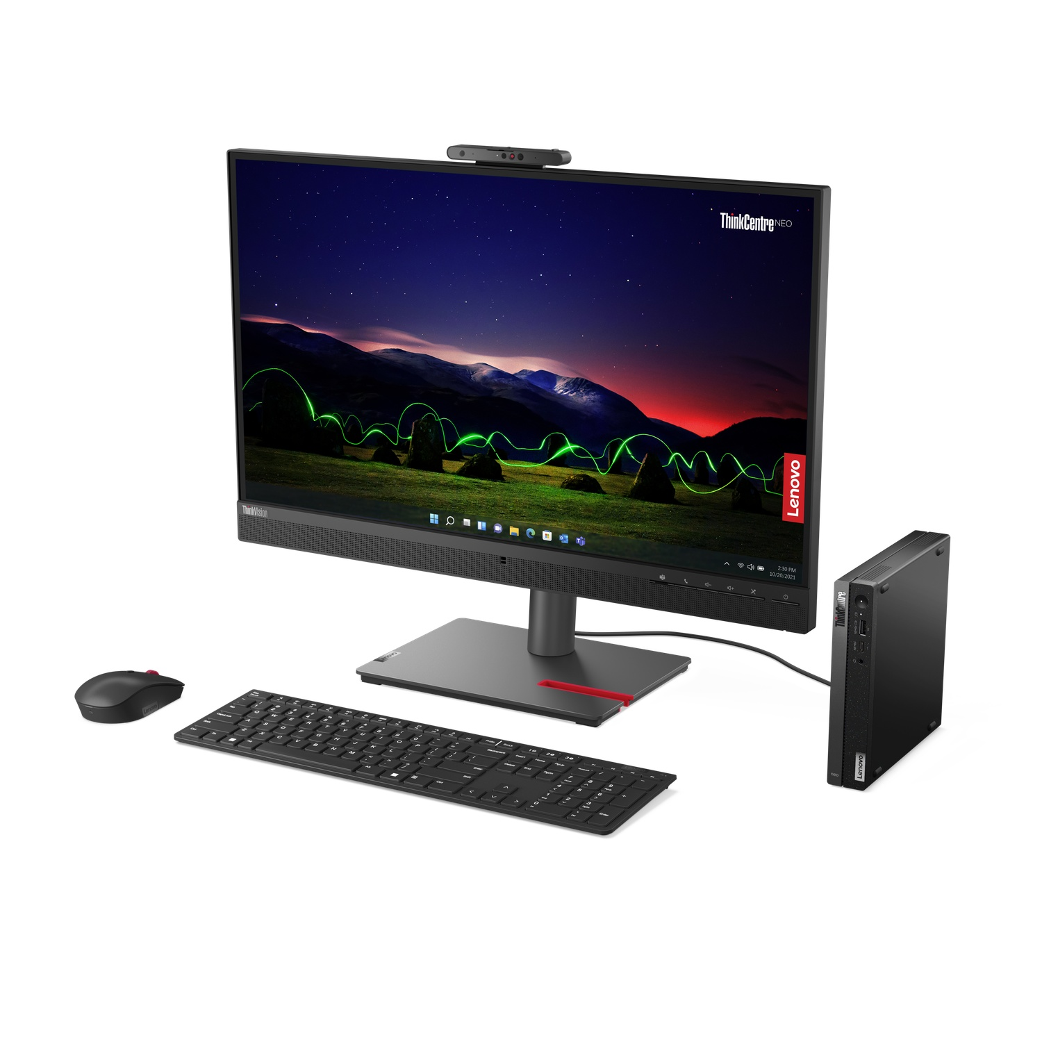 Een Lenovo ThinkCentre computeropstelling. Het bevat een monitor, toetsenbord, muis en een kleine pc.