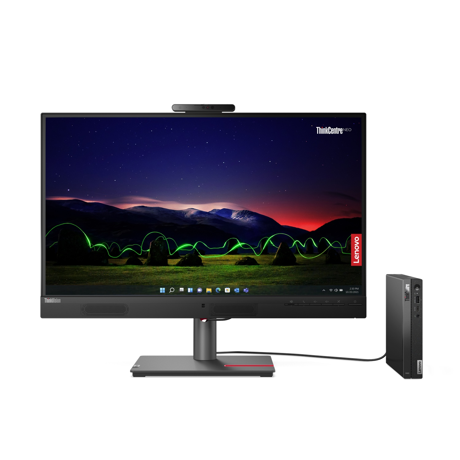 Lenovo ThinkCentre computeropstelling met monitor en kleine zwarte computer.