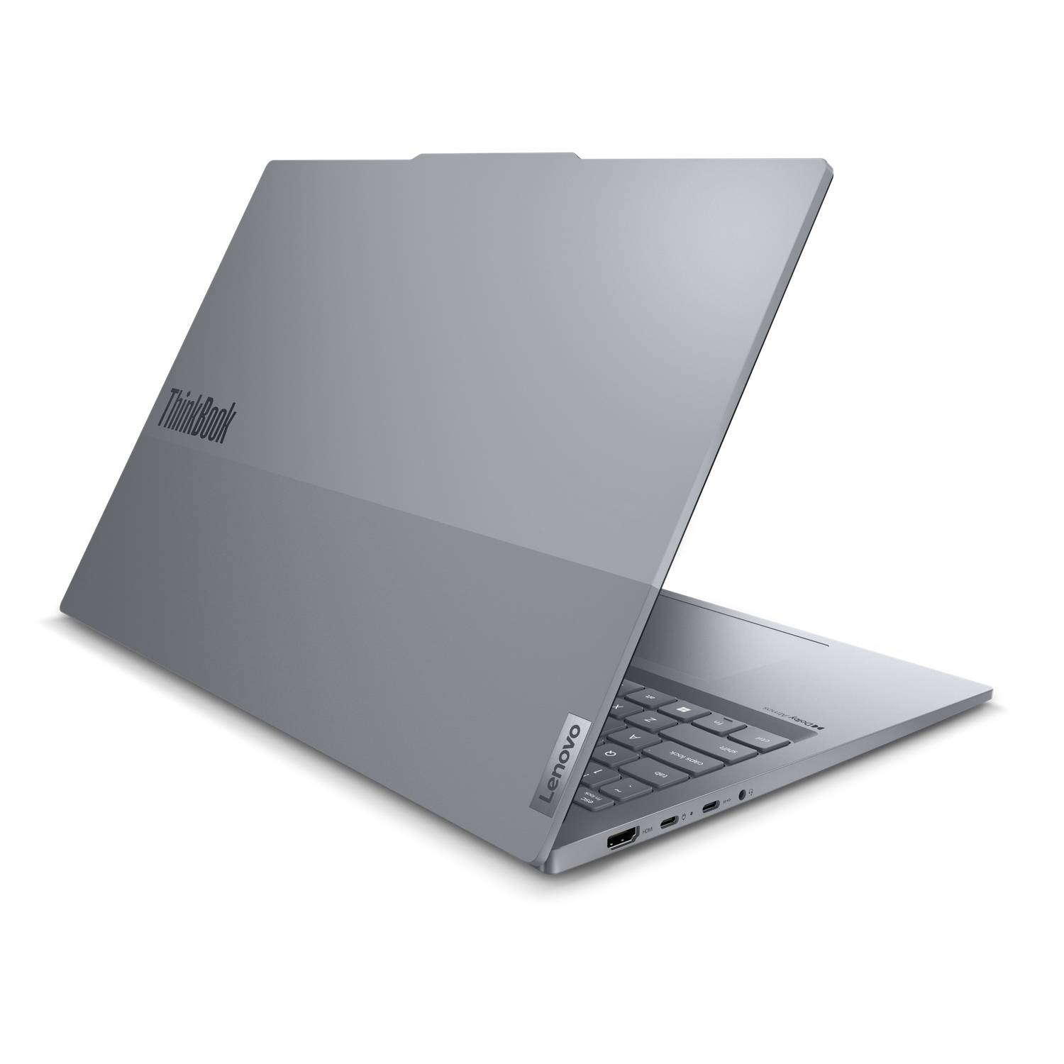 A grey Lenovo ThinkBook laptop is open at an angle against a white background.