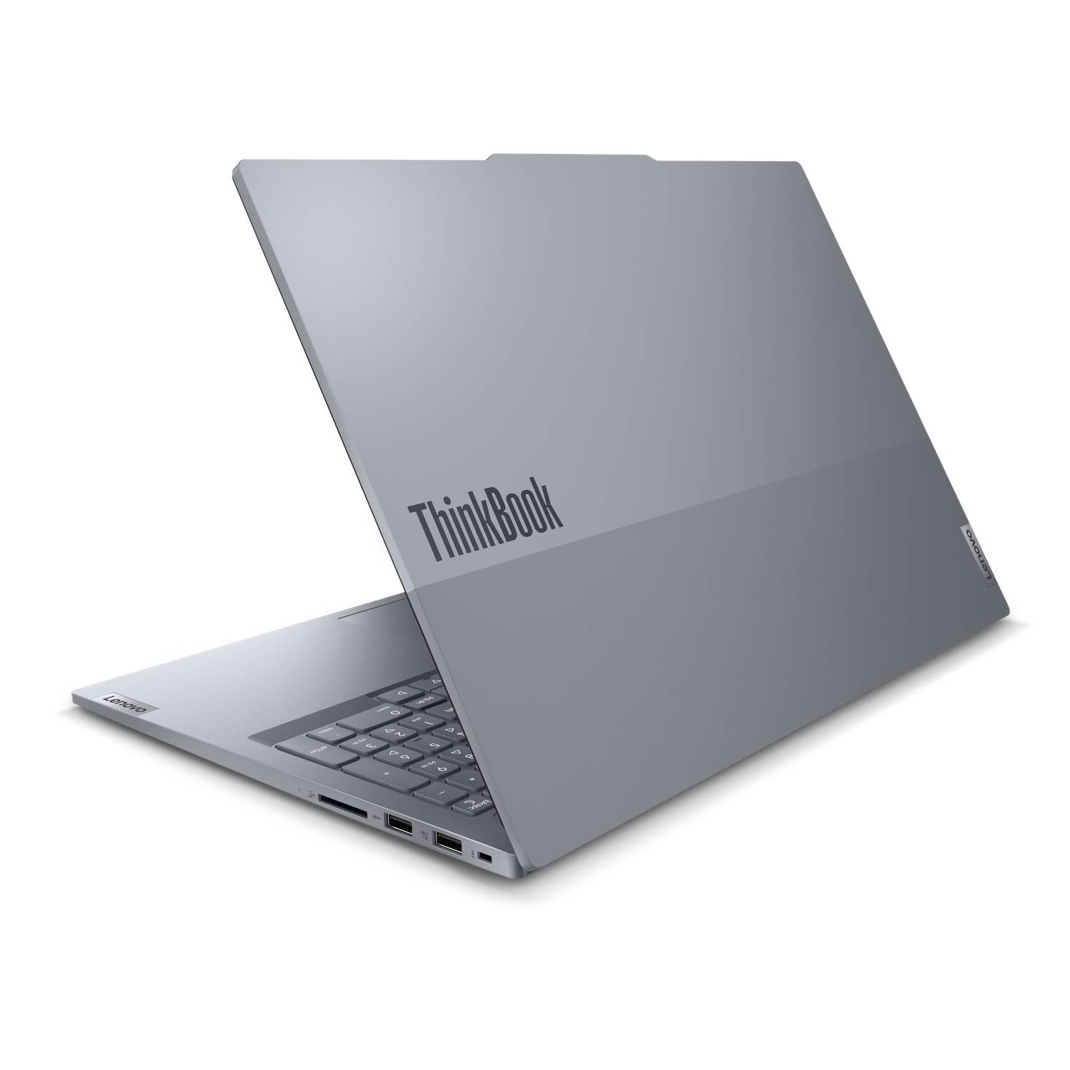 Grey ThinkBook laptop, open, angled view. White background.