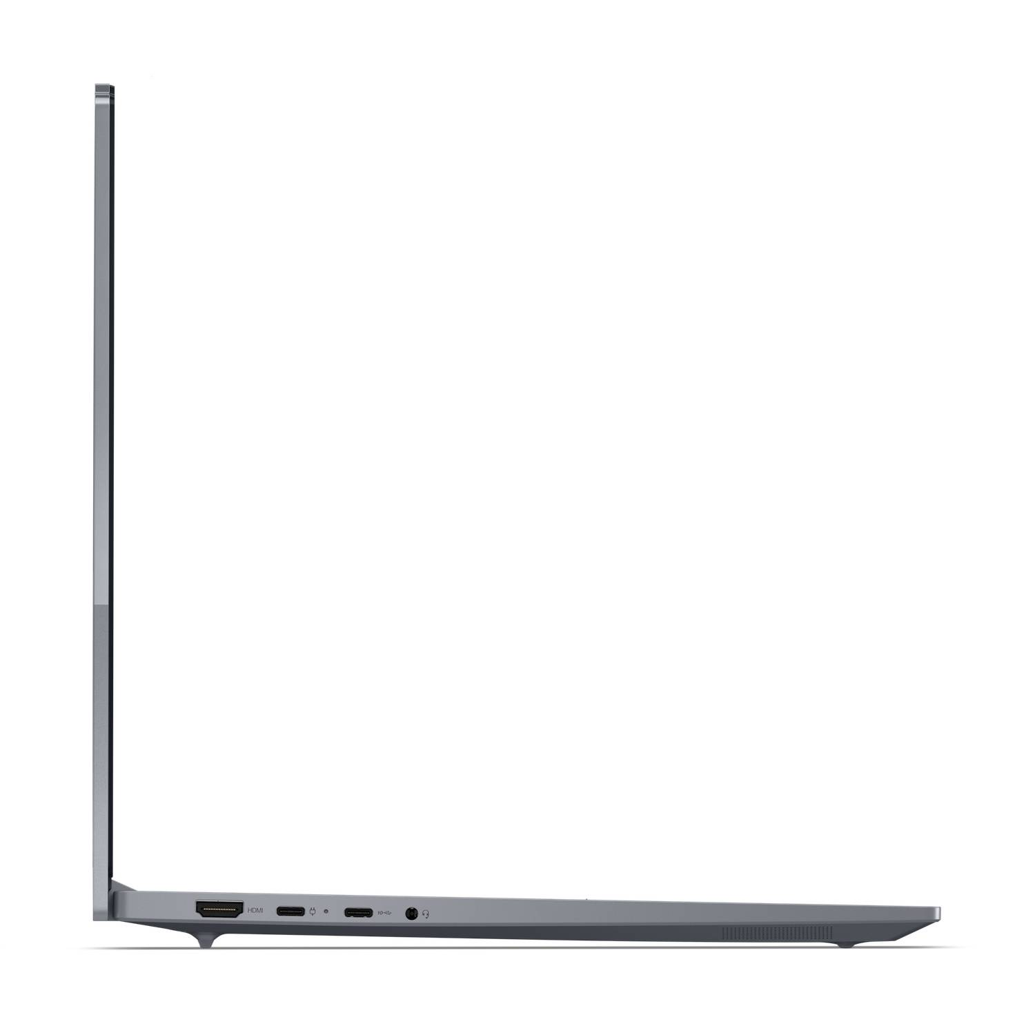 Side view of a gray laptop with a thin profile, a few ports, and a black screen. White background.