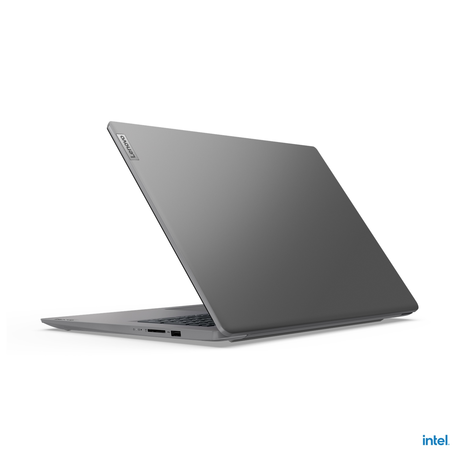 A gray Lenovo laptop, open at an angle, with the Intel logo visible.