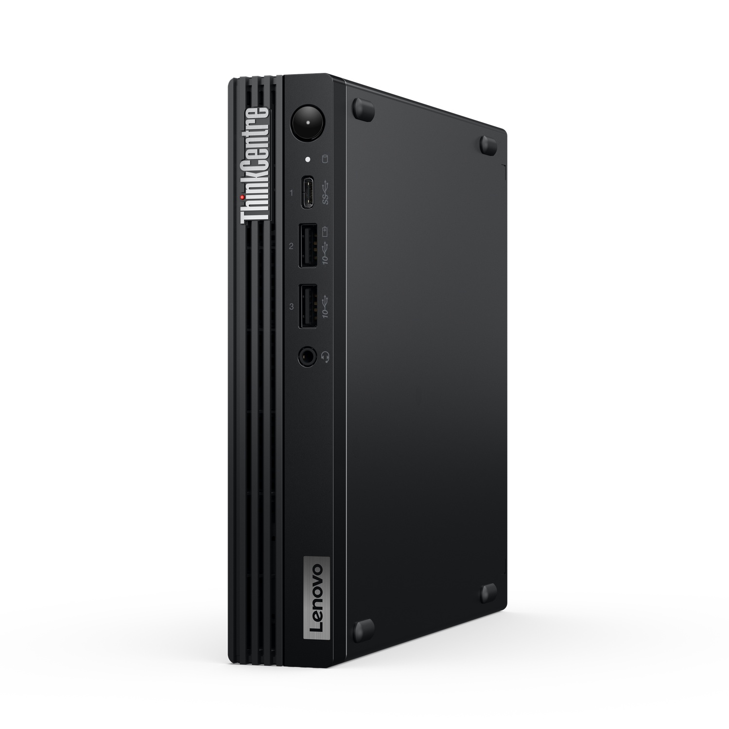 Black Lenovo ThinkCentre desktop computer. Lenovo logo on the front.