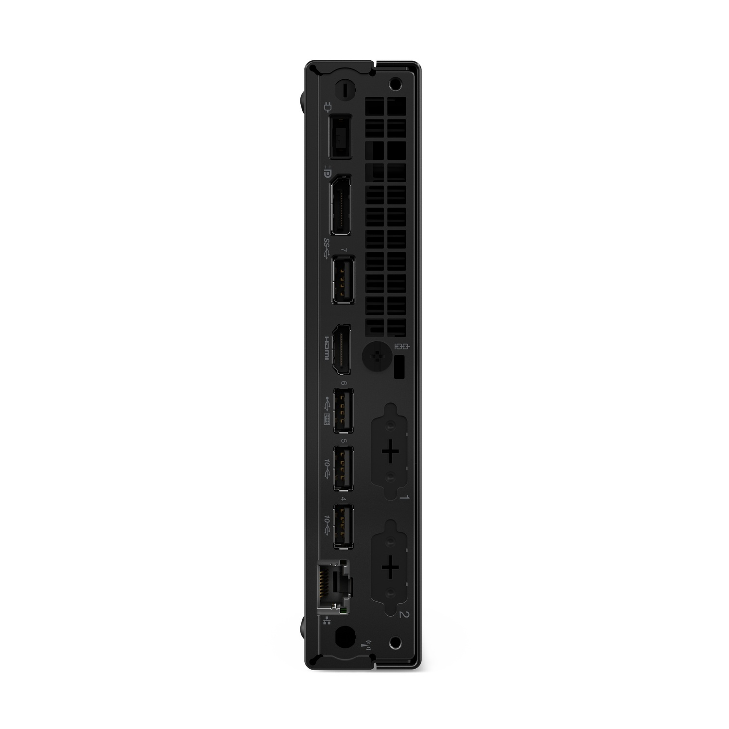 Black mini PC, back view. Shows various ports and connections.