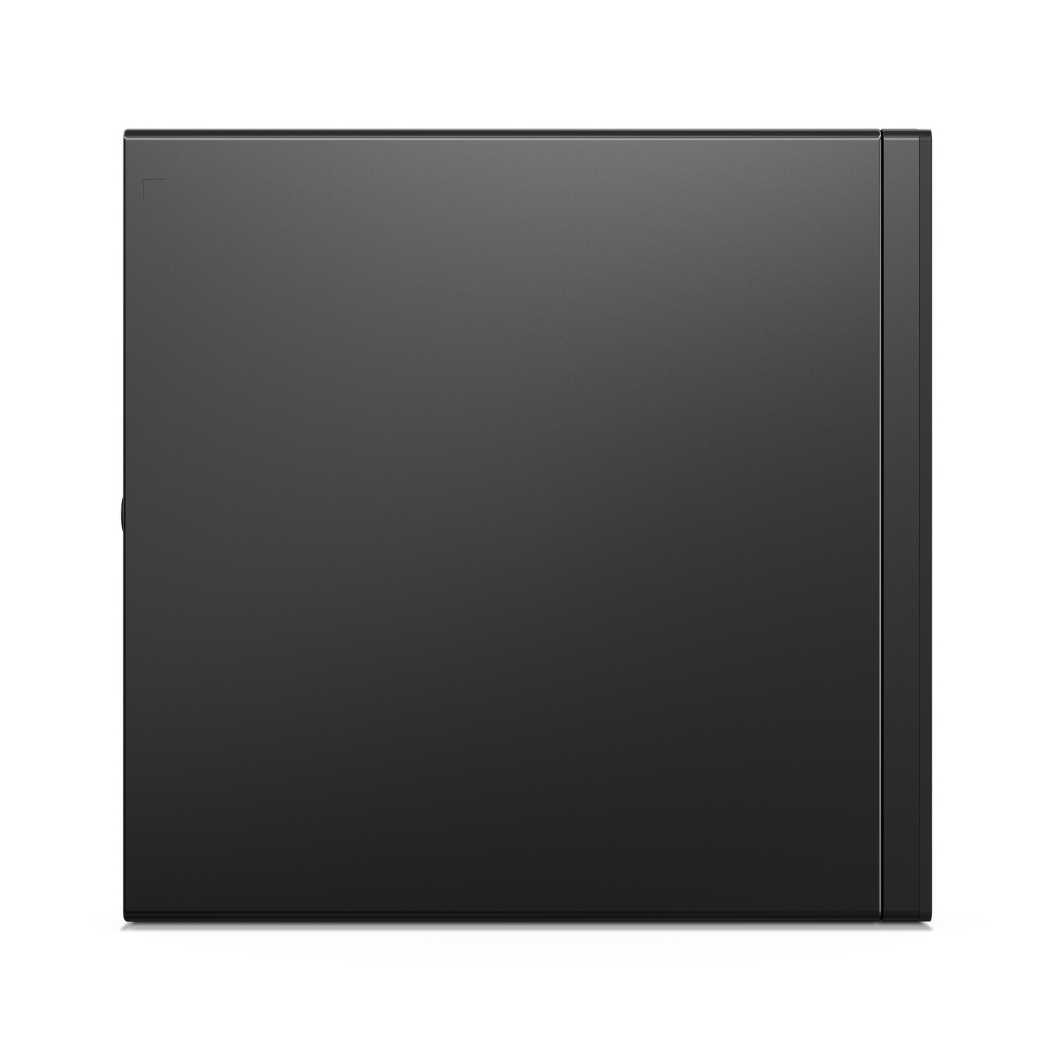 Black computer tower, side view, plain surface, simple design, modern aesthetic.