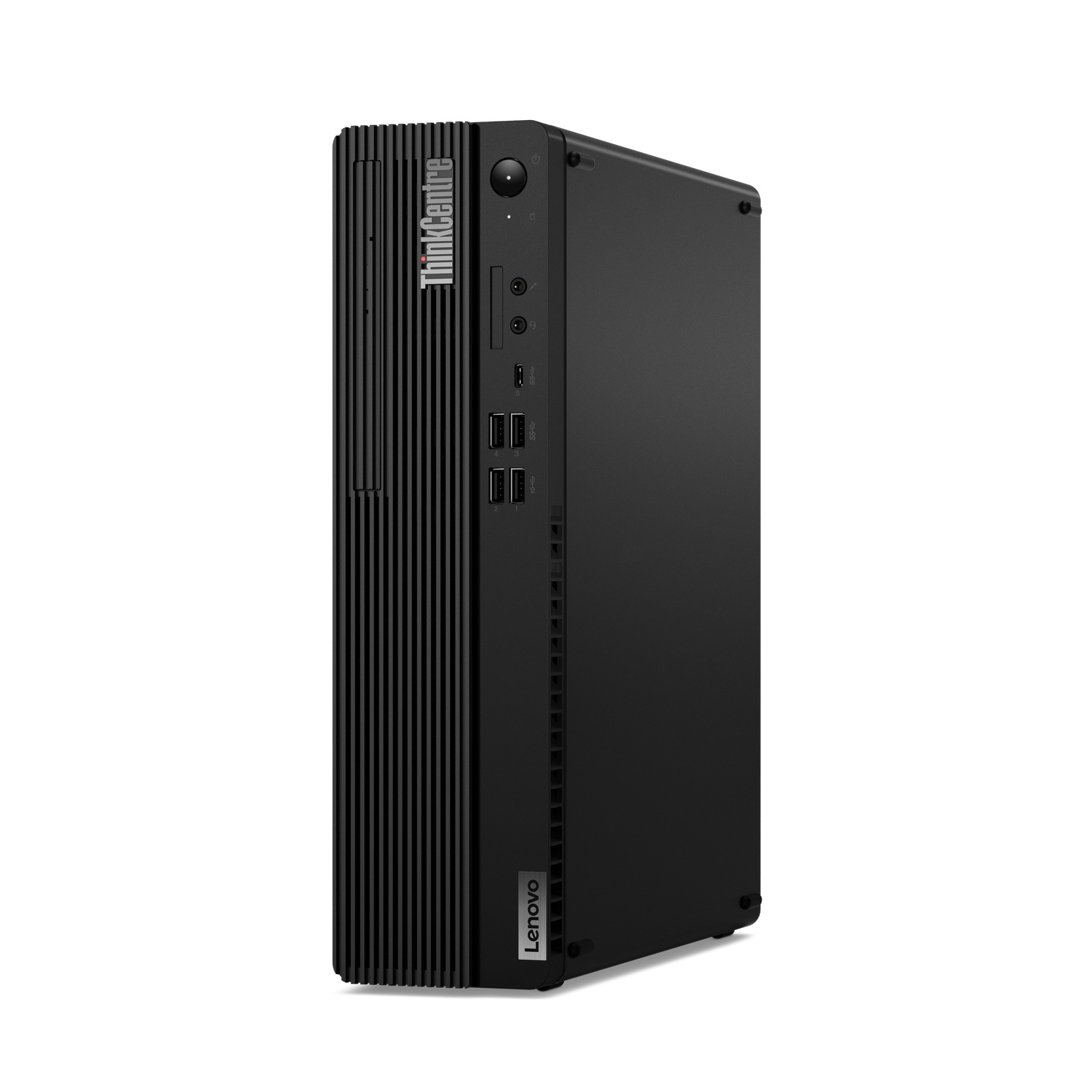 Black Lenovo ThinkCentre computer tower. Has ports and buttons. Vertical lines on the front.