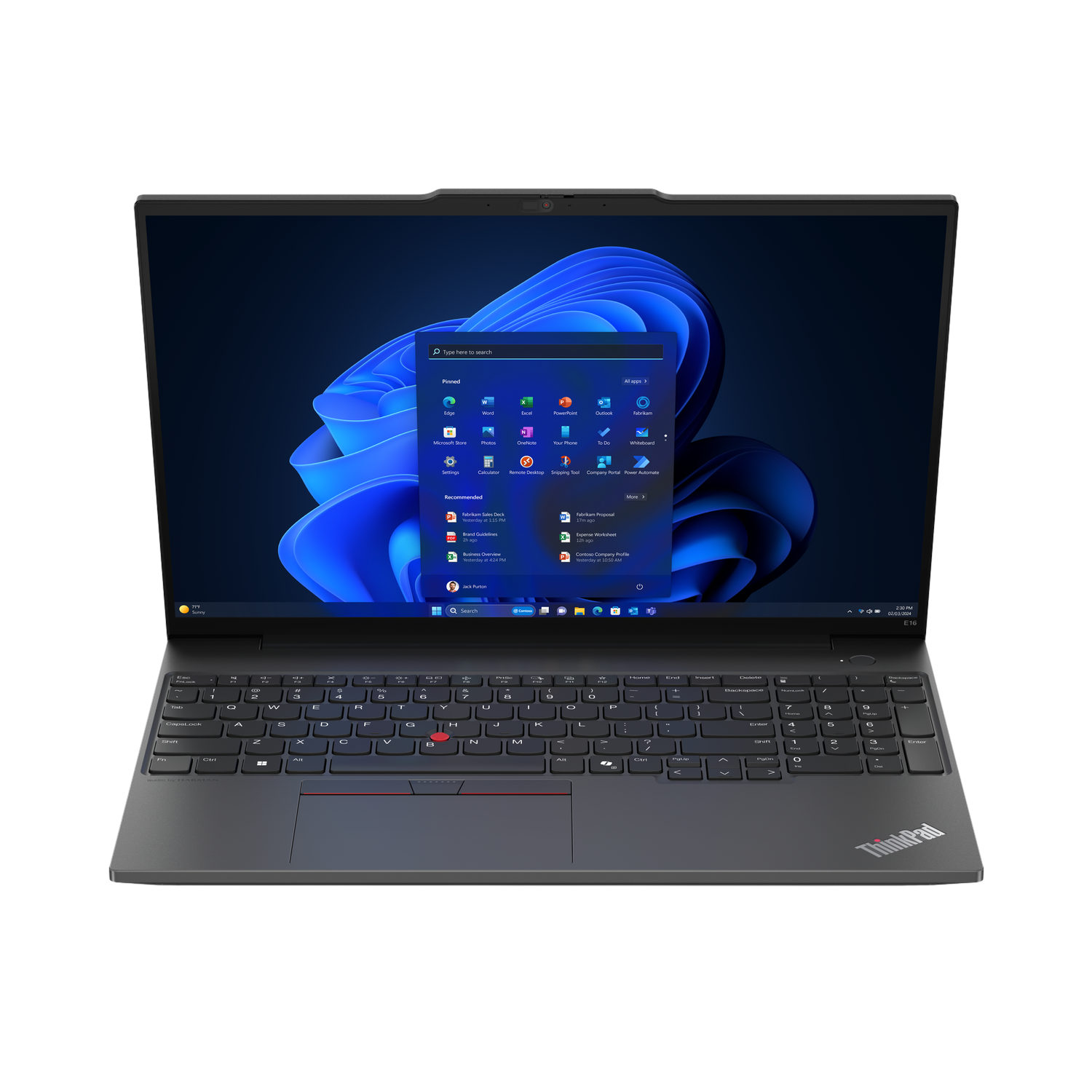 Zwarte ThinkPad laptop, open, Windows 11 scherm, zwarte achtergrond.