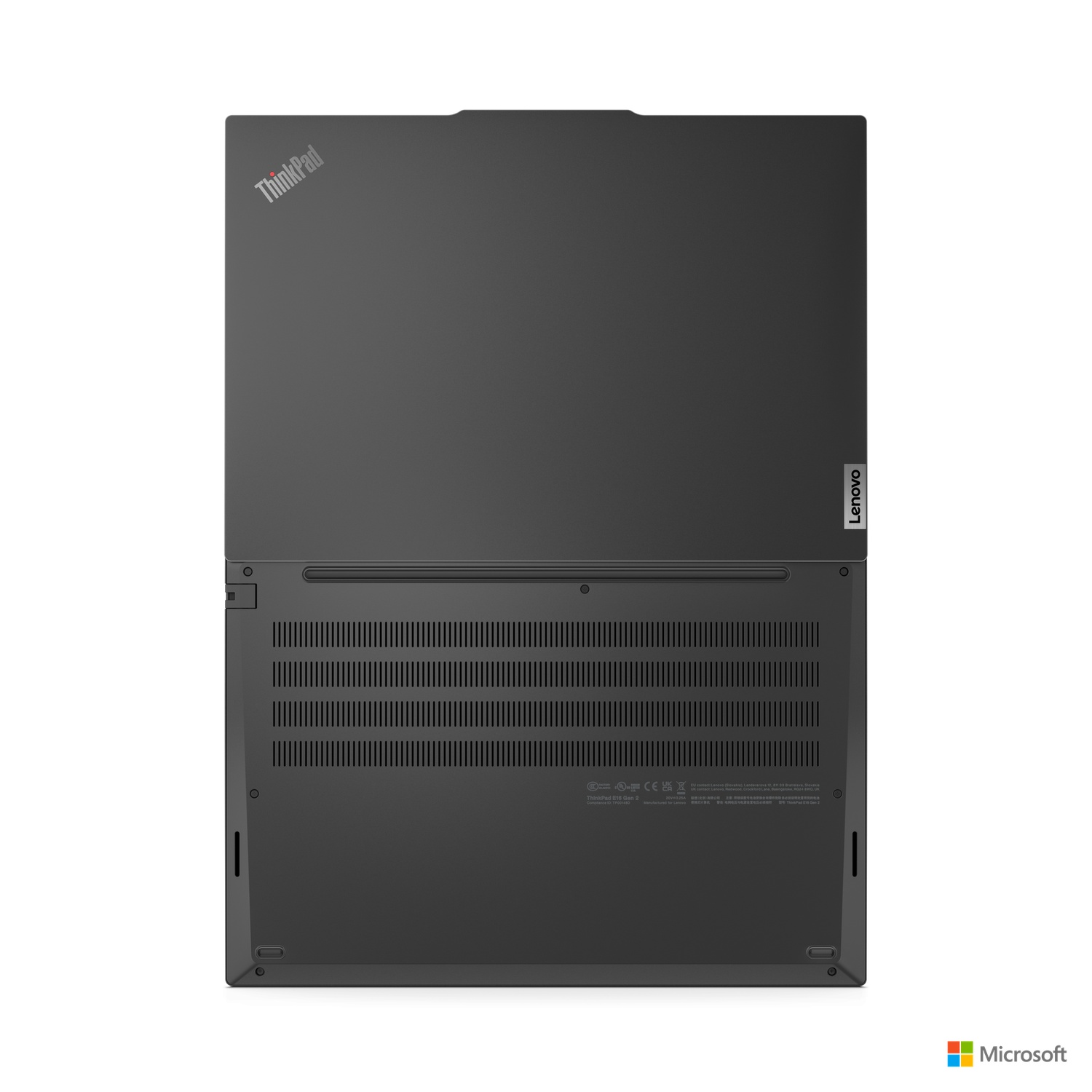 Bovenaanzicht van een gesloten zwarte ThinkPad-laptop, Lenovo- en Microsoft-logo's zichtbaar.