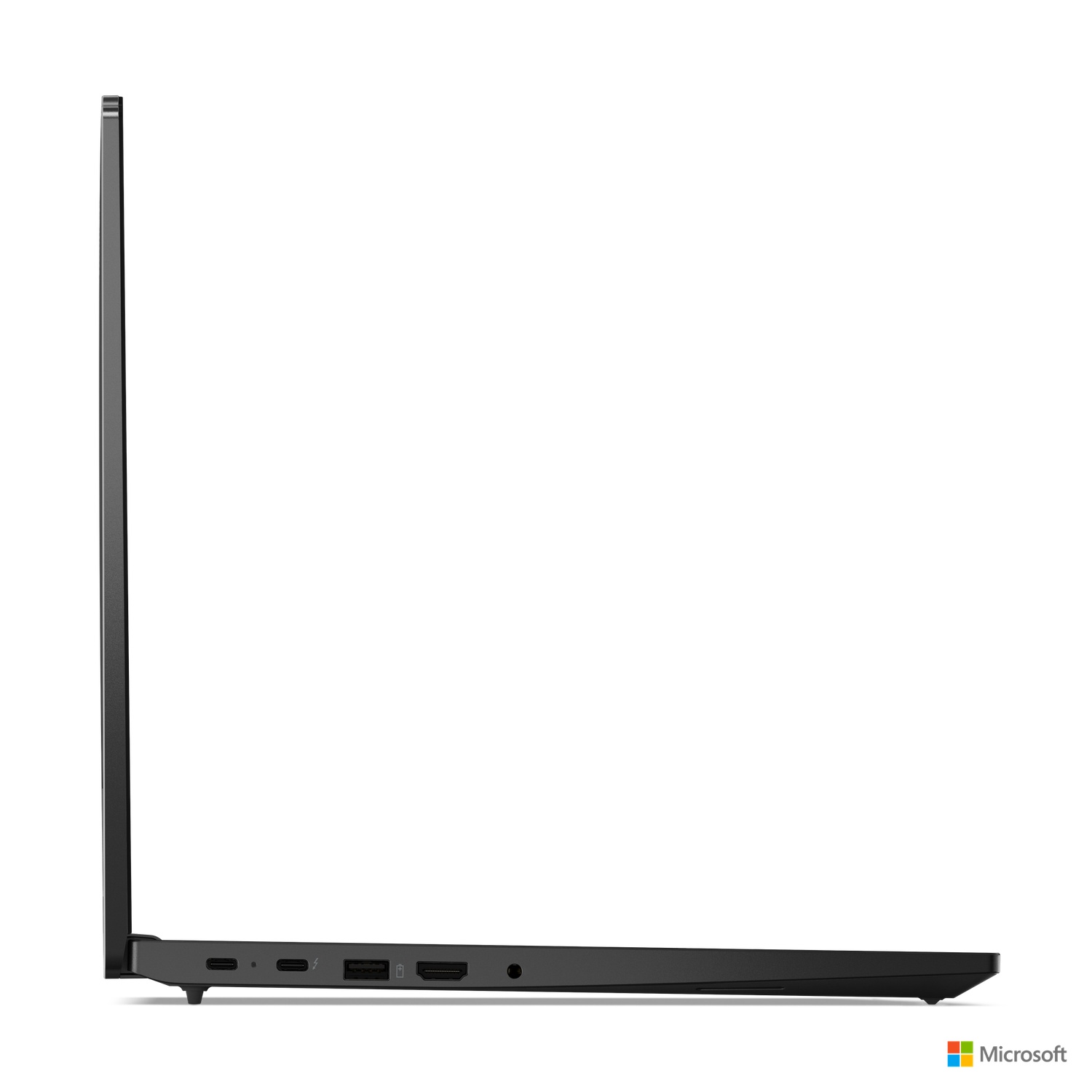 Zwarte laptop van de zijkant. Microsoft logo in de rechter benedenhoek.