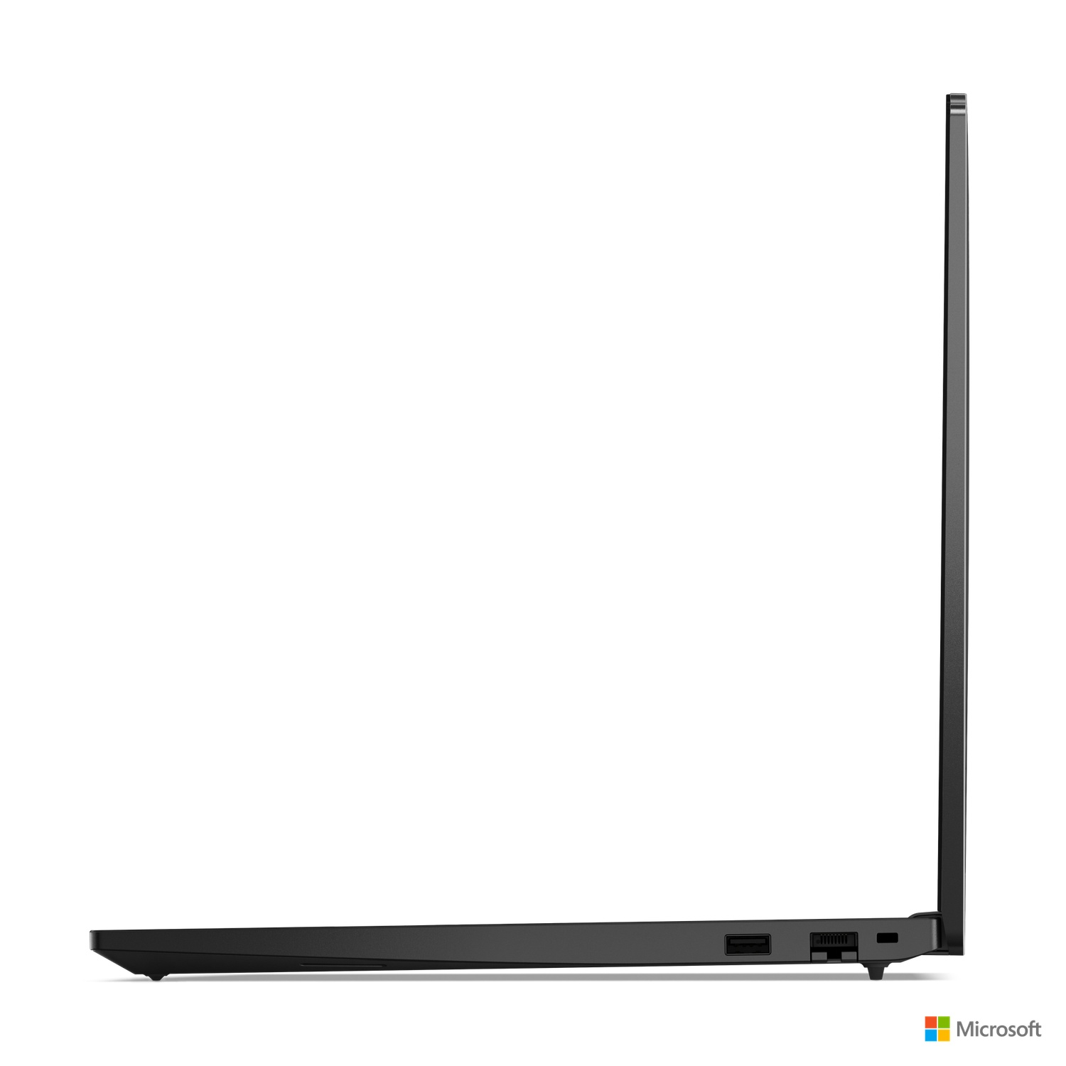 Zijaanzicht van een zwarte laptop met zichtbare poorten.