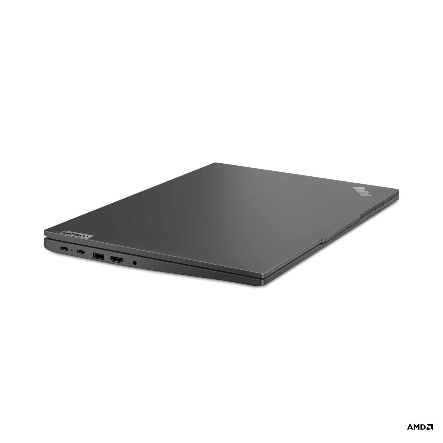 Closed, dark gray laptop on white background. Lenovo ThinkPad logo is visible.