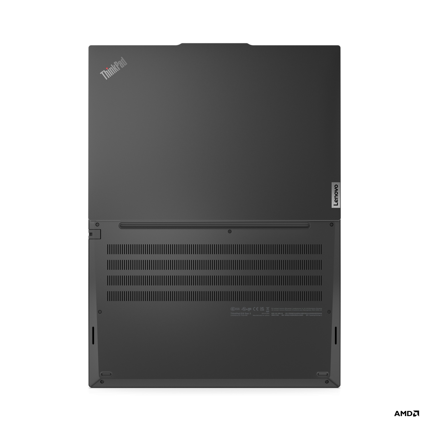 A top view of a laptop with a ThinkPad logo.