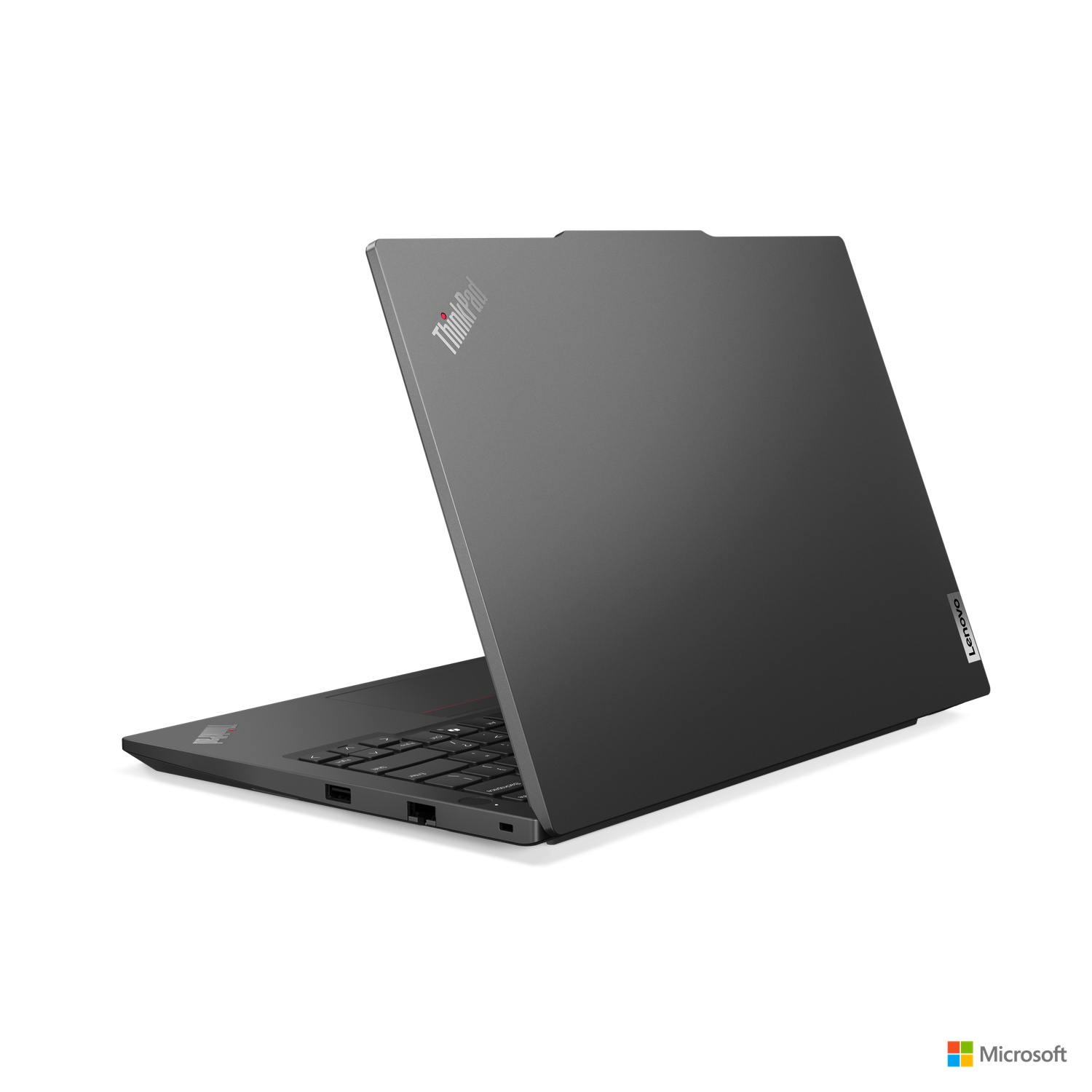 Black ThinkPad laptop, angled view.