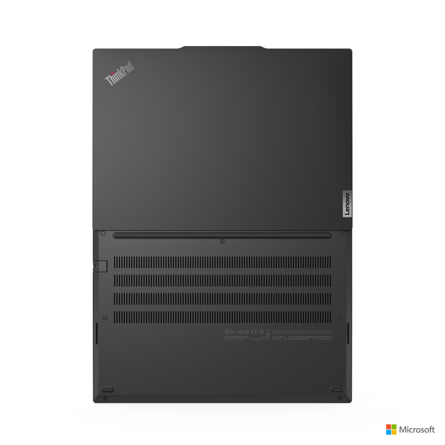 A black laptop, underside facing up. The ThinkPad logo is visible. A Lenovo logo is at the base.