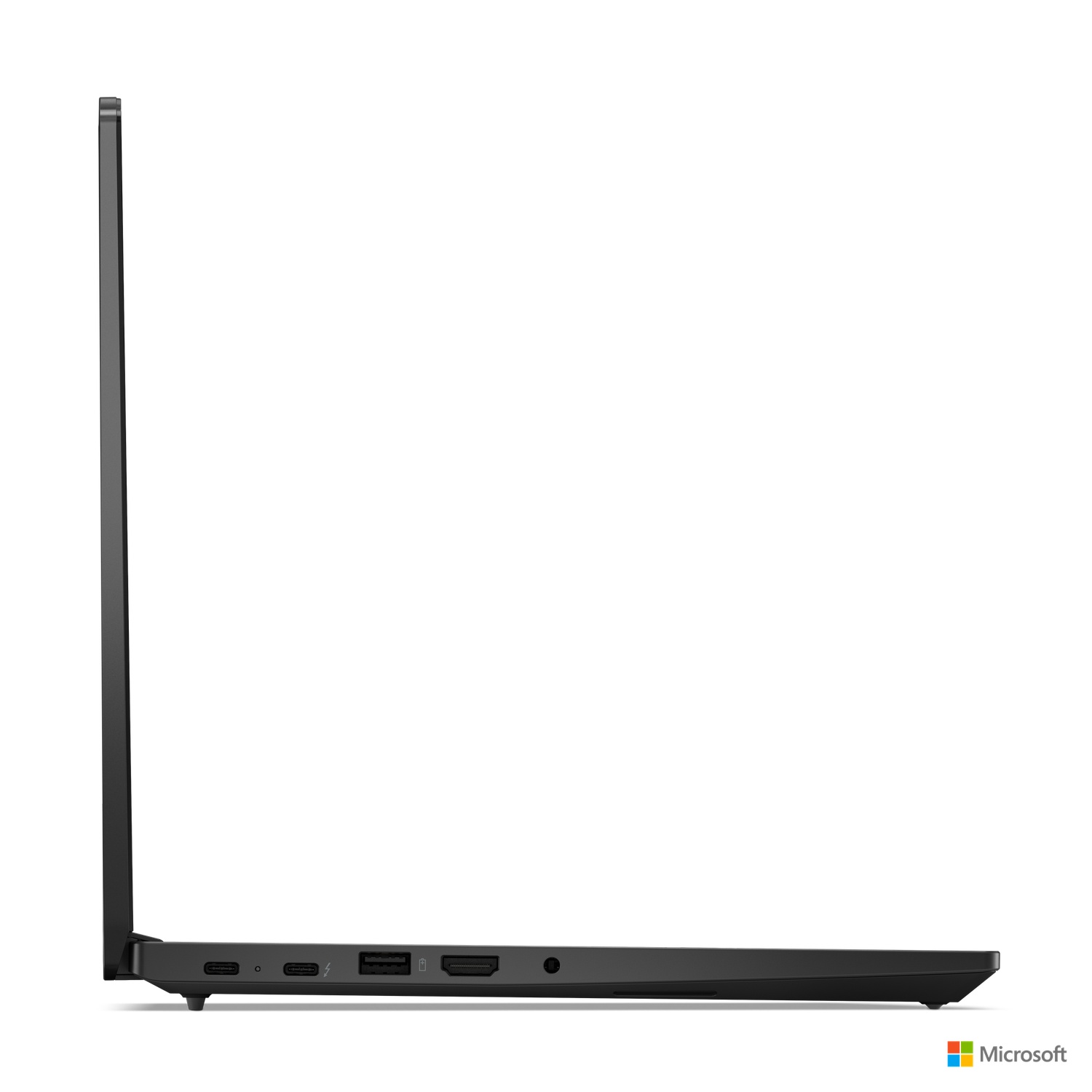 A laptop from the side, black, with ports and the Microsoft logo.