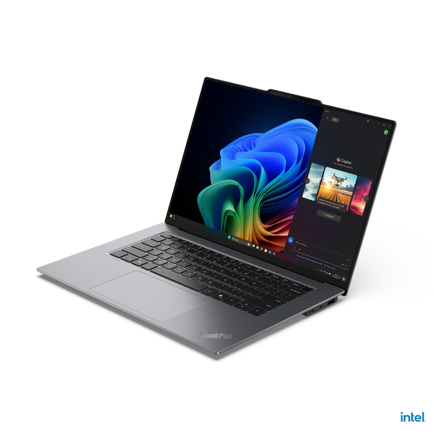 A laptop with a dark screen and a secondary screen on the right side, with the Intel logo at the bottom.