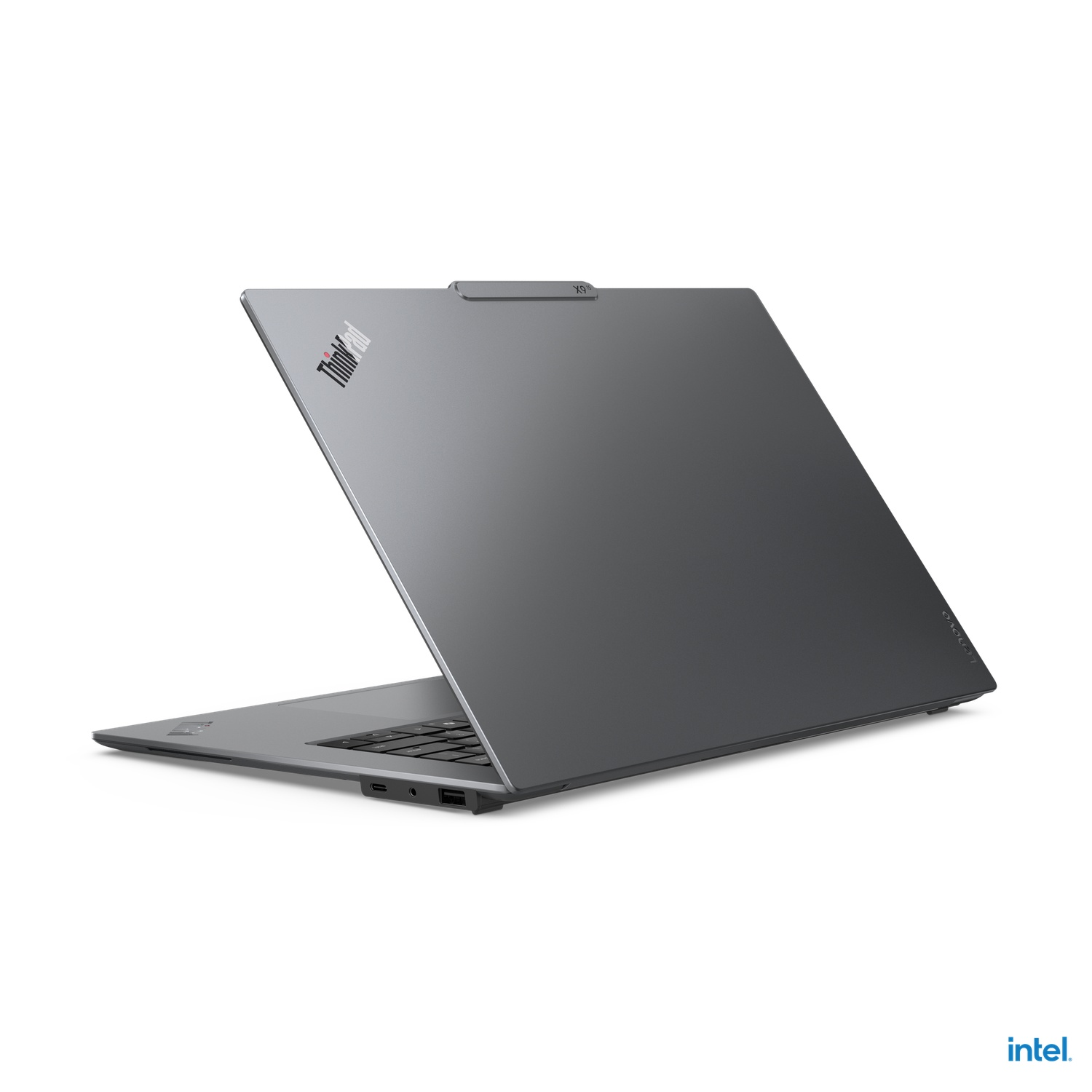 Grey laptop with screen partially open, showing ThinkPad logo on top.