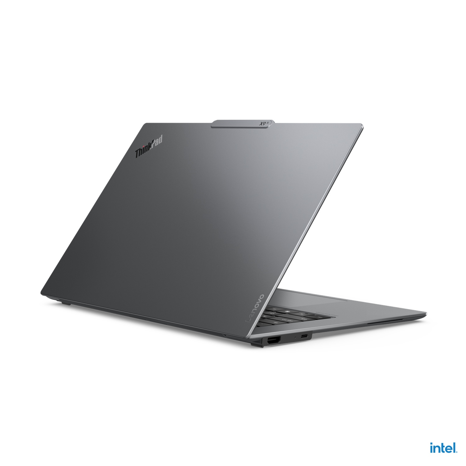 Black ThinkPad laptop, back view. ThinkPad logo is visible. Lenovo logo is on the side. Intel logo.