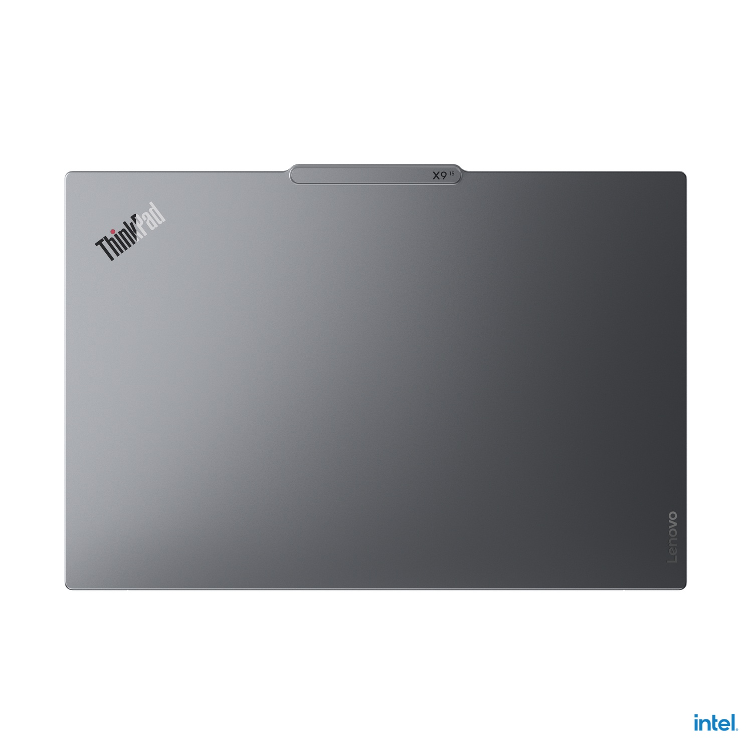 A gray laptop, top view, with the ThinkPad logo, and the word "X9".
