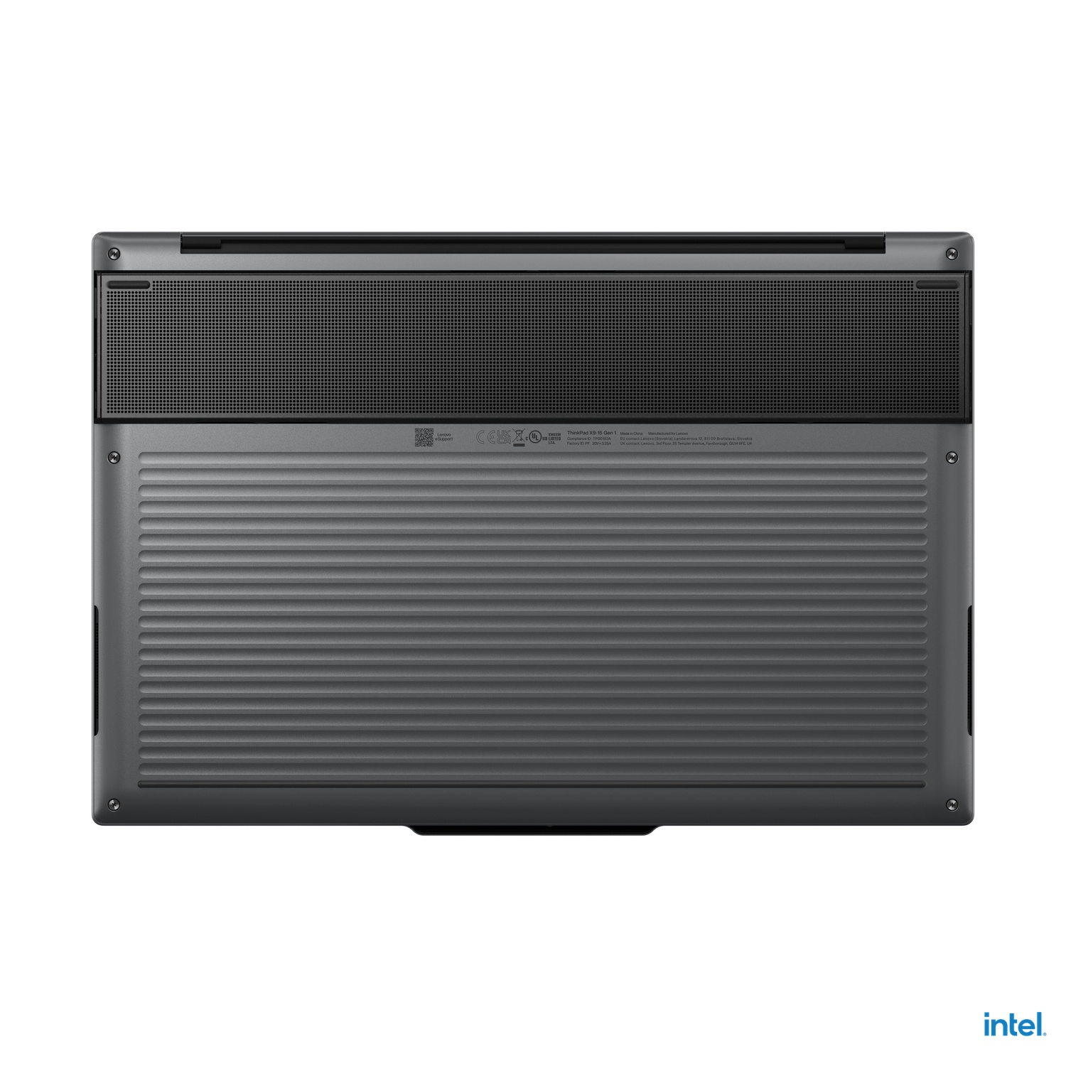 Bottom view of a black laptop. Ventilation grilles and ports are visible. Intel logo is on the bottom.