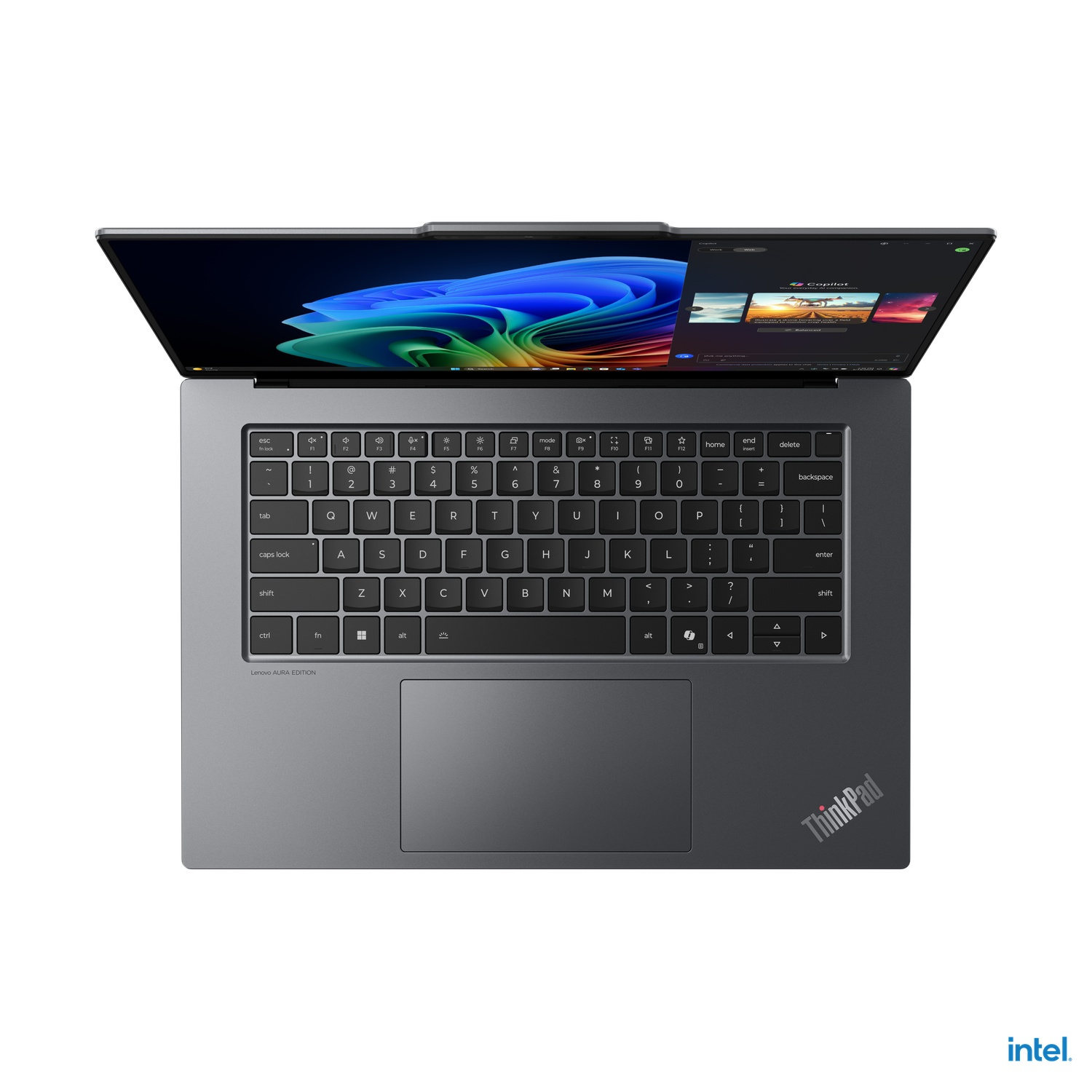 Black ThinkPad laptop, top view. Keyboard, trackpad, and screen displaying Windows interface.