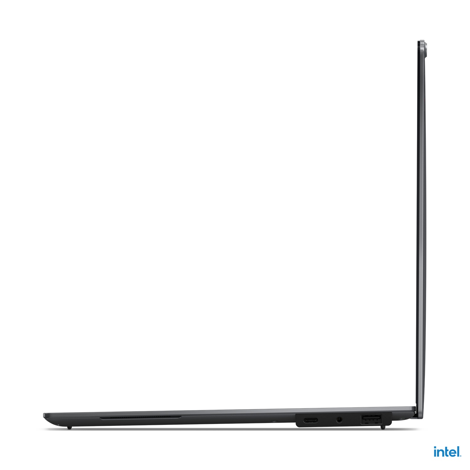 Side view of a black ThinkPad laptop, showing the thin profile and ports.