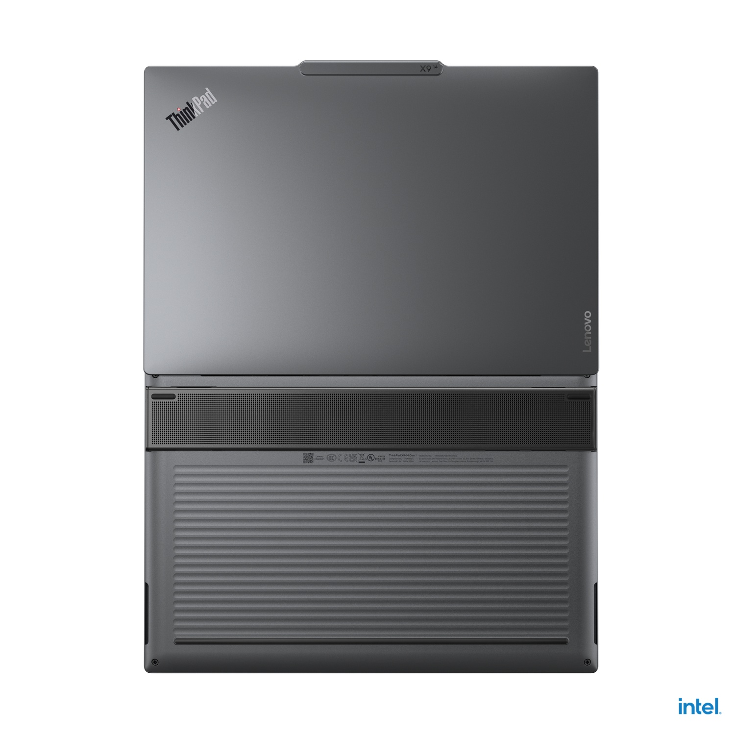 Top view of a gray Lenovo ThinkPad laptop on a white background.