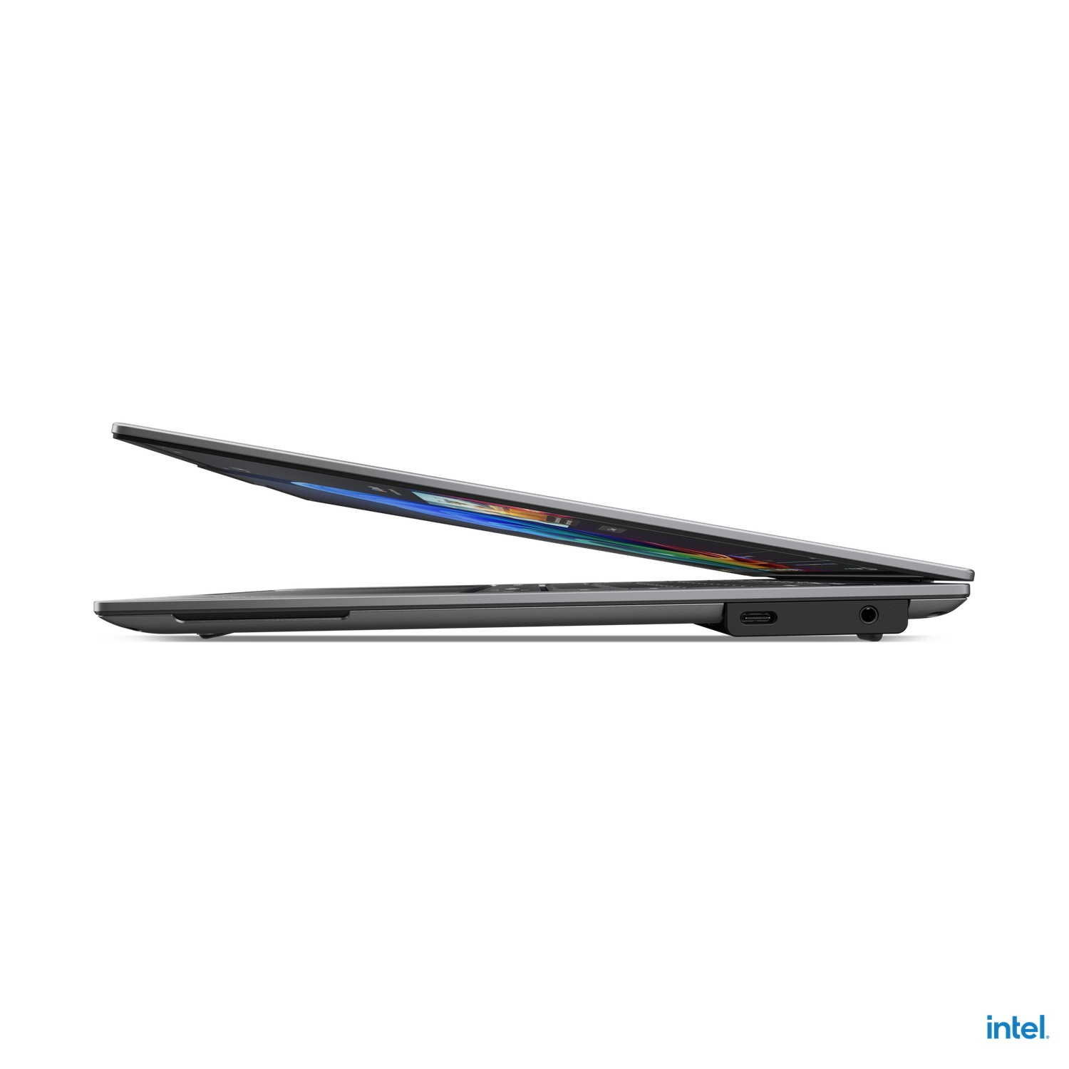 Side view of a gray laptop with the screen partially open, set against a white background.