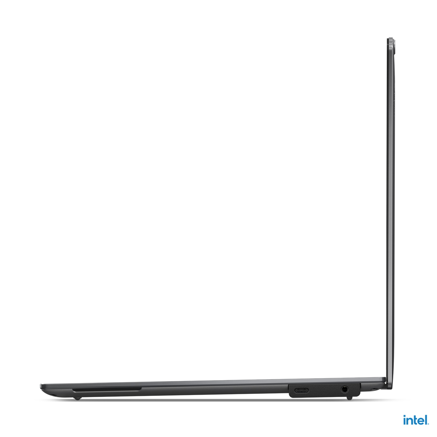 Laptop side view, gray, with intel logo.
