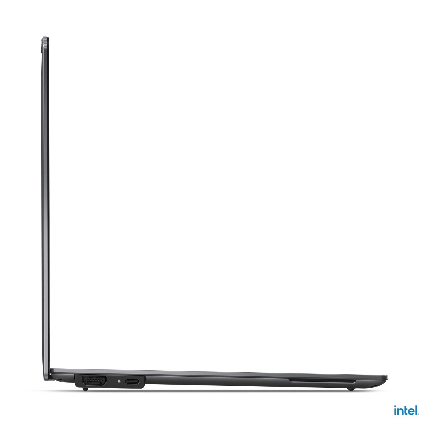 A side view of a laptop on a white surface.