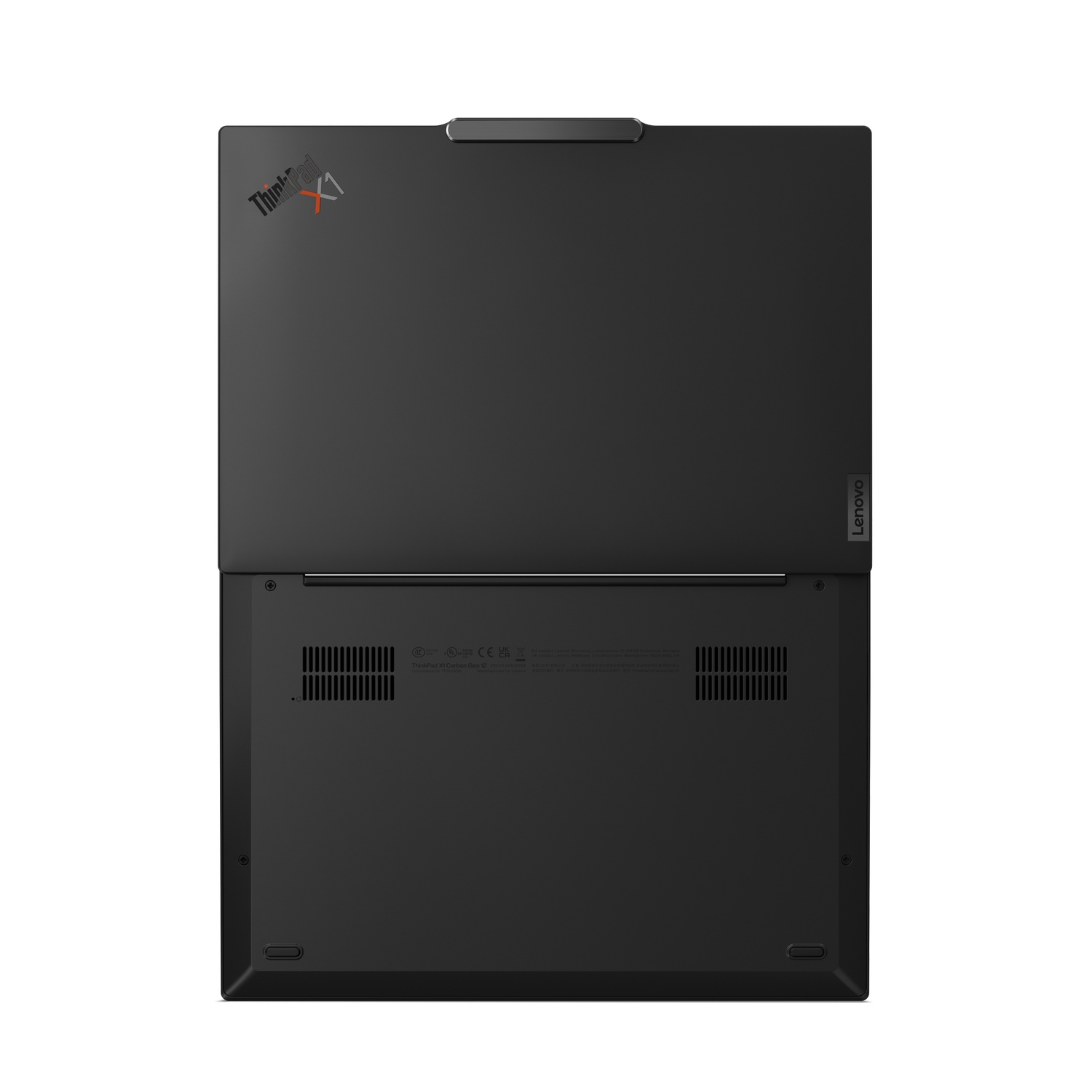 Bovenaanzicht van een gesloten zwarte ThinkPad laptop. Het ThinkPad logo en het Lenovo logo zijn zichtbaar.