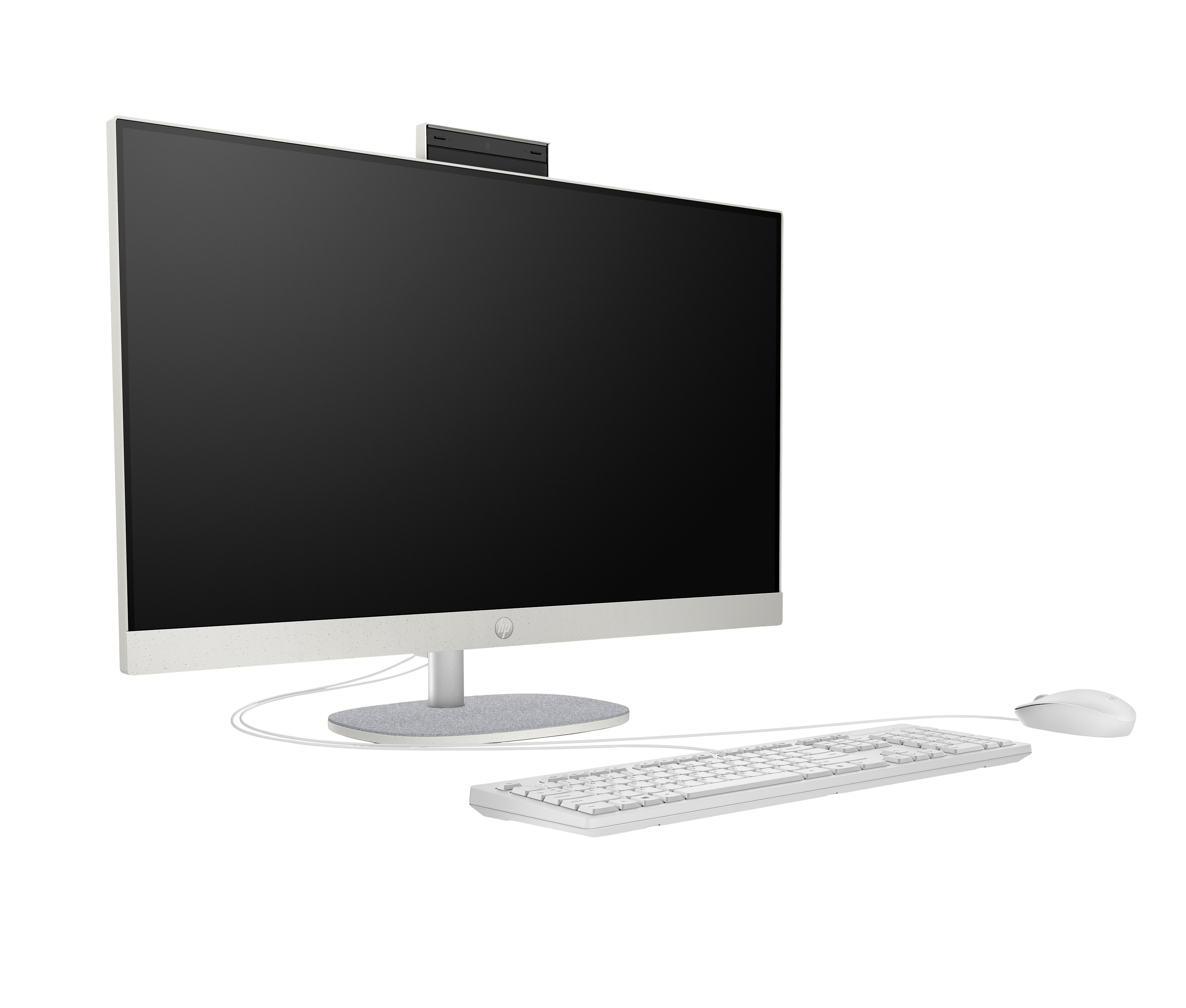 Weißes All-in-One-Computer-Setup. Enthält Monitor, Tastatur, Maus und Webcam.