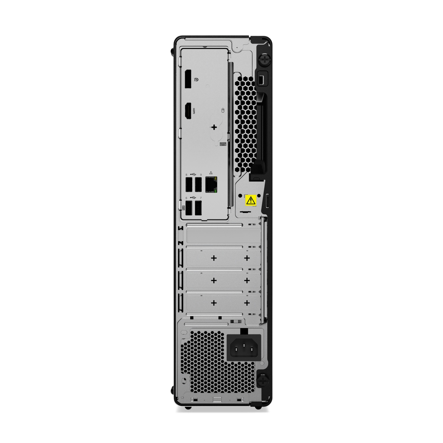 Achteraanzicht van een zwarte desktopcomputer. Het heeft meerdere poorten, een handvat en een voeding. De achtergrond is wit.