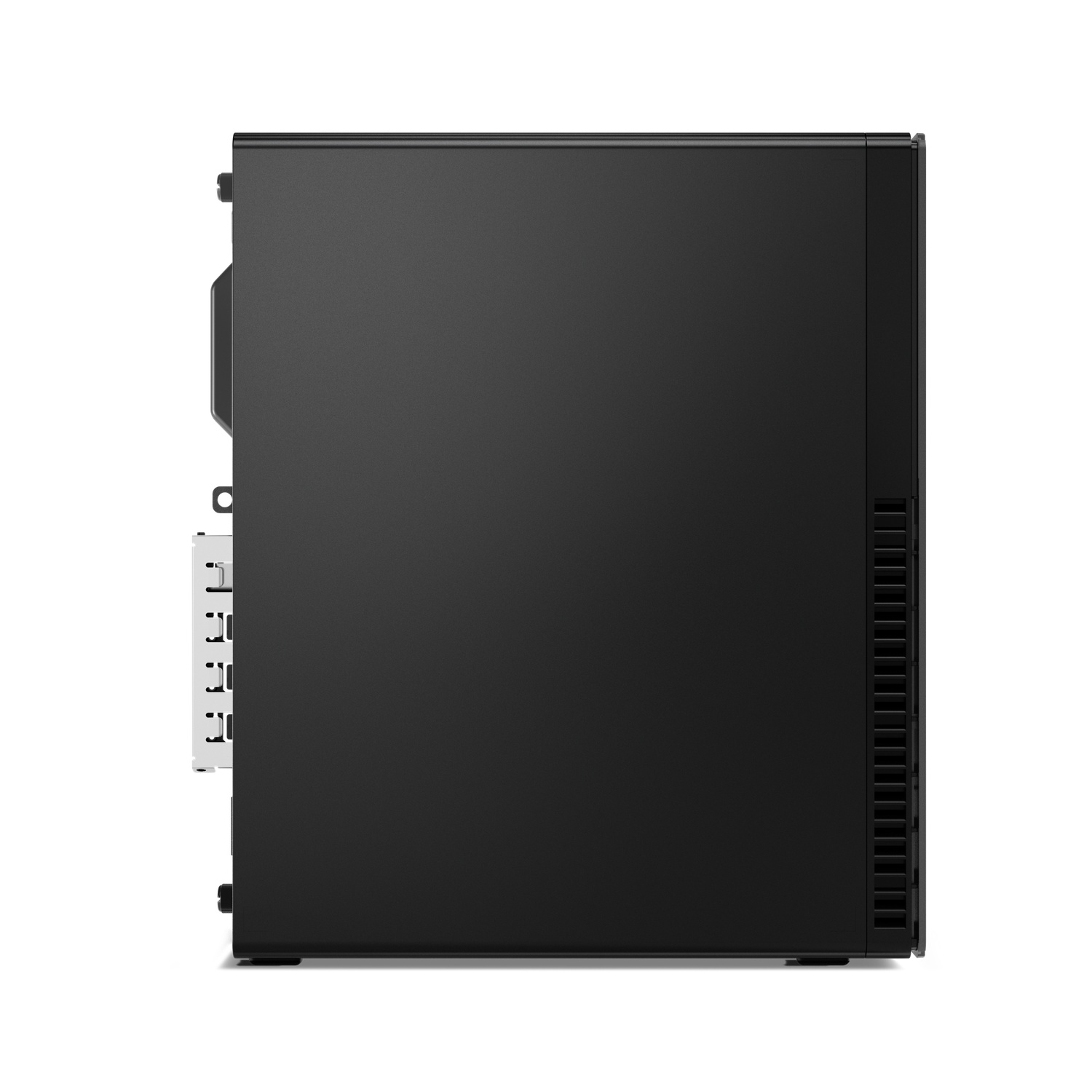 Een zwarte desktop computer case wordt van de zijkant getoond, tegen een witte achtergrond. Het heeft een vierkant ontwerp met ventilatieopeningen.