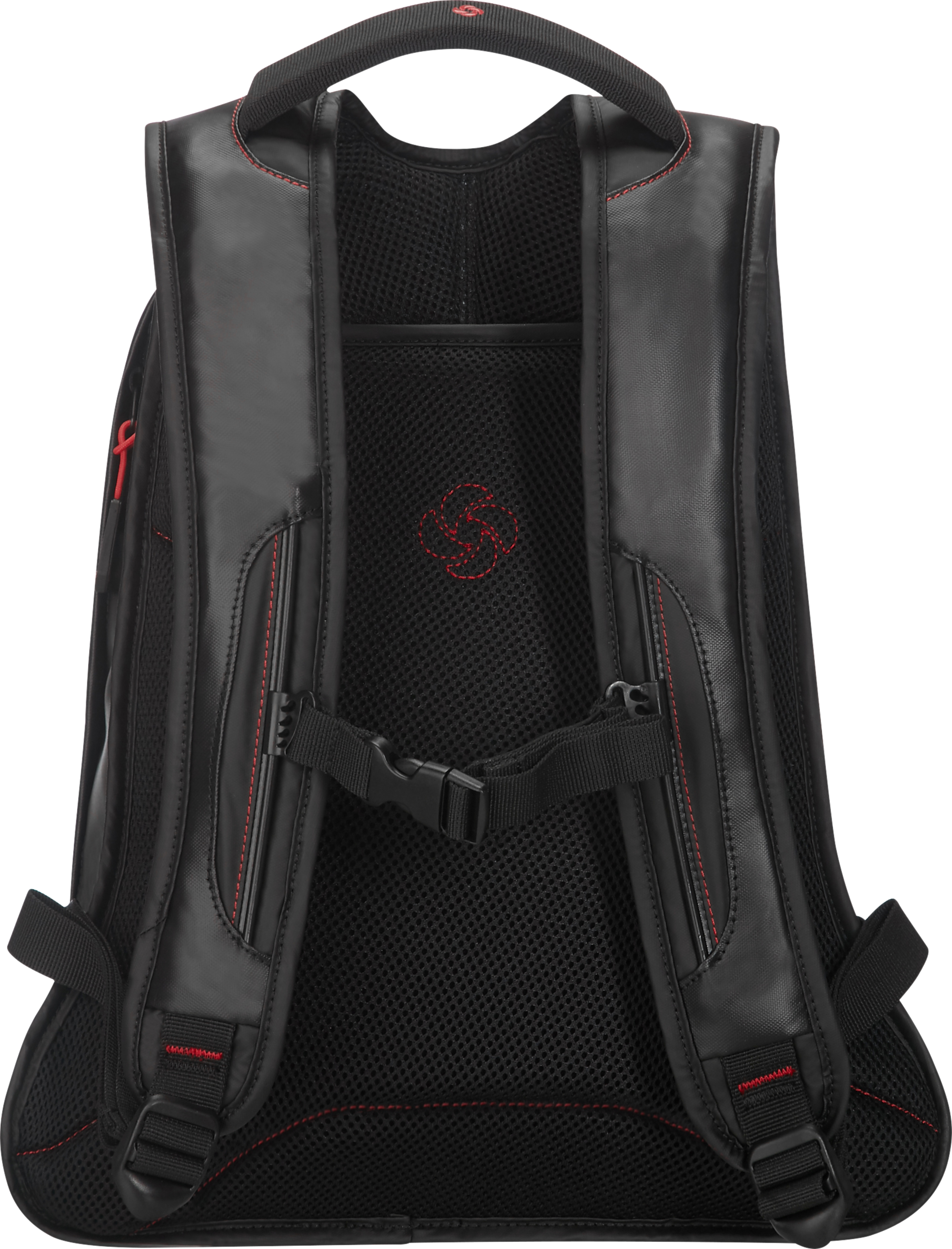 Fekete hátizsák, hátulnézet, piros varrás és Samsonite logó.