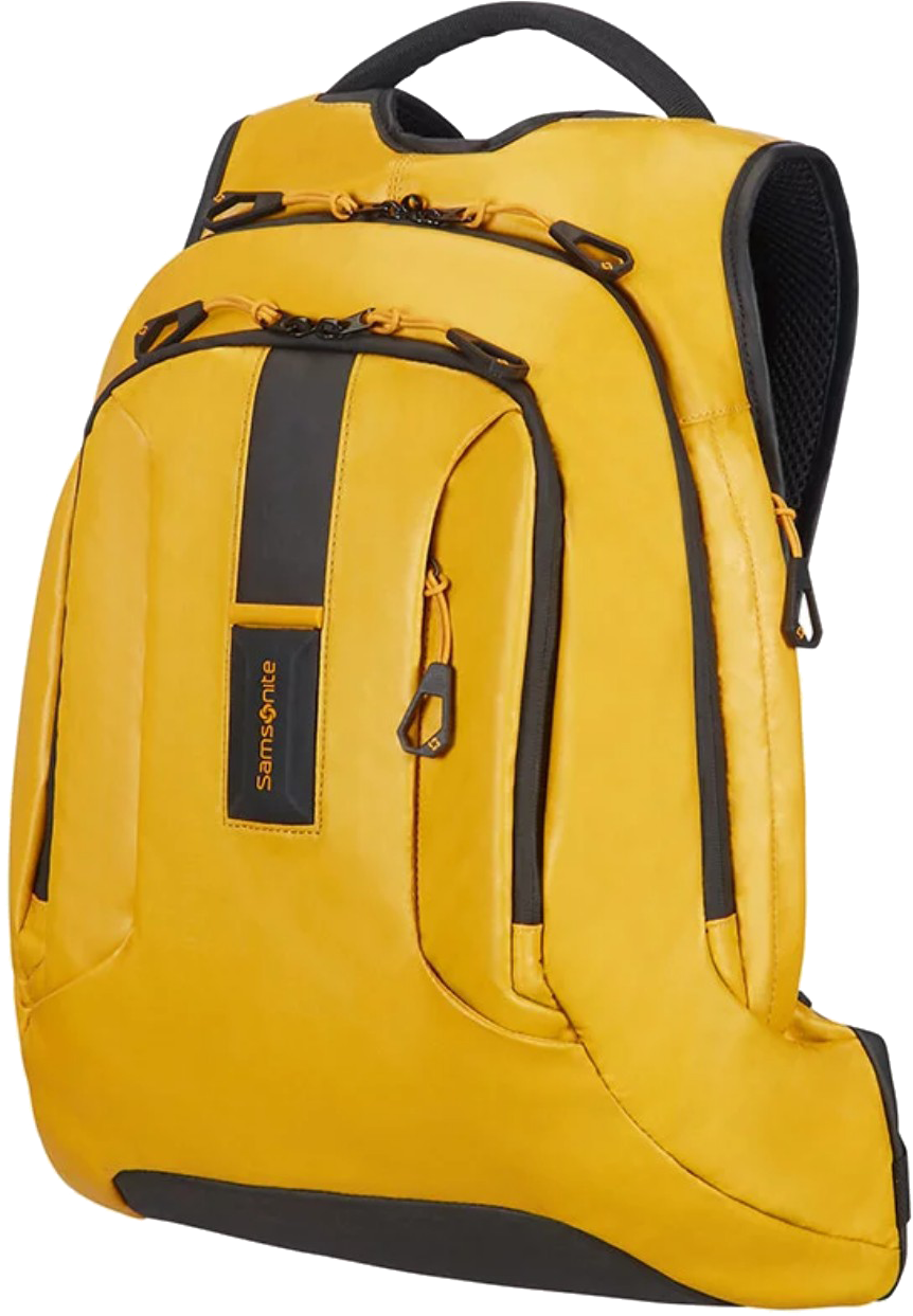 Sárga Samsonite hátizsák fekete díszítéssel és fekete fogantyúval.