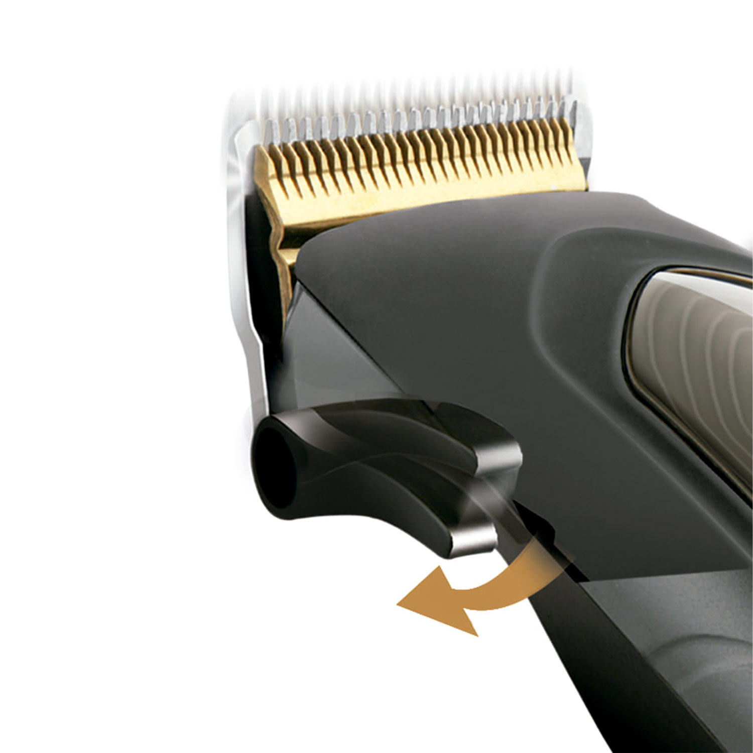 Primer plano de una cortadora de cabello negra que muestra las cuchillas doradas y una palanca negra.
