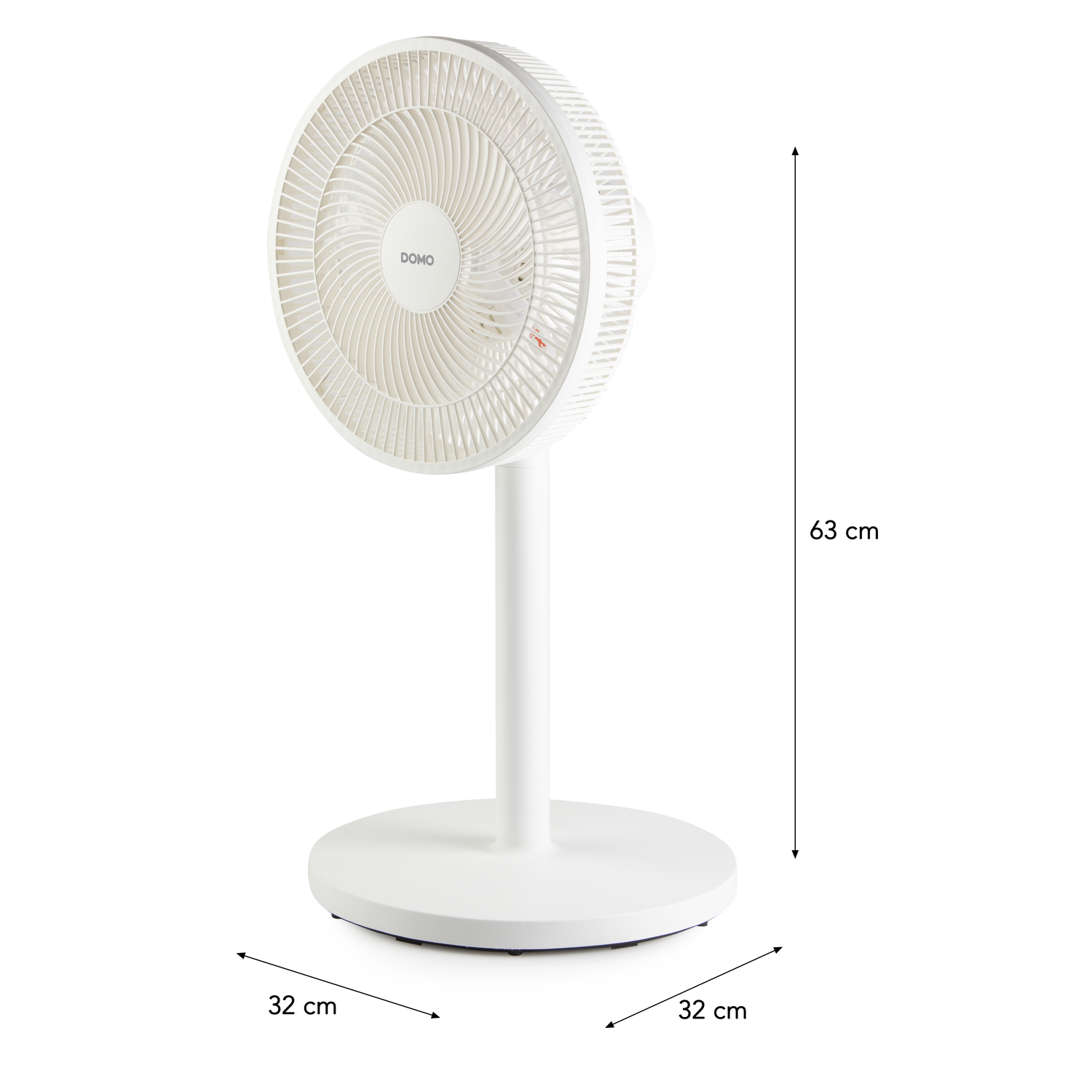 Ventilateur sur pied blanc, vue de face, étiquettes de dimensions sur blanc.
