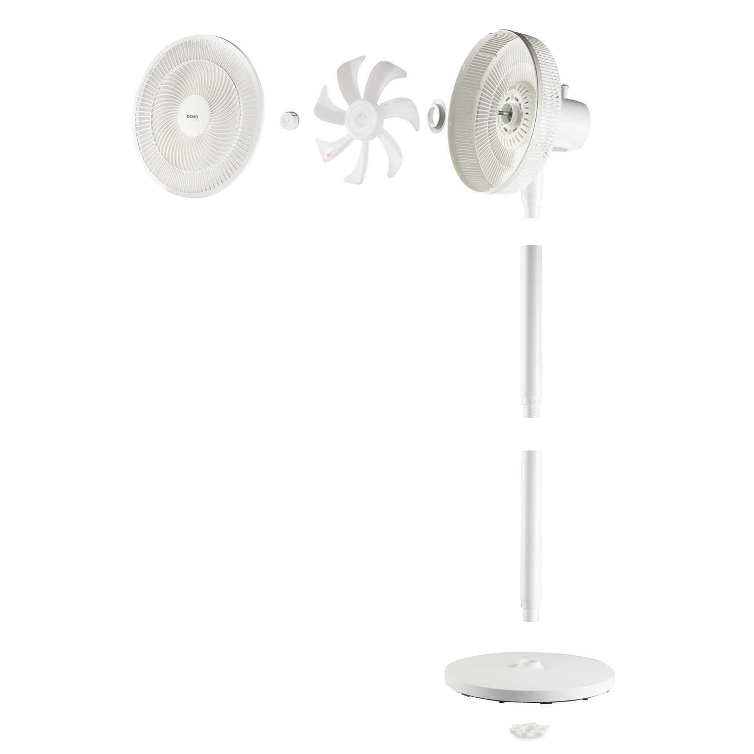 Ventilateur sur pied blanc, vue éclatée montrant les composants du ventilateur.